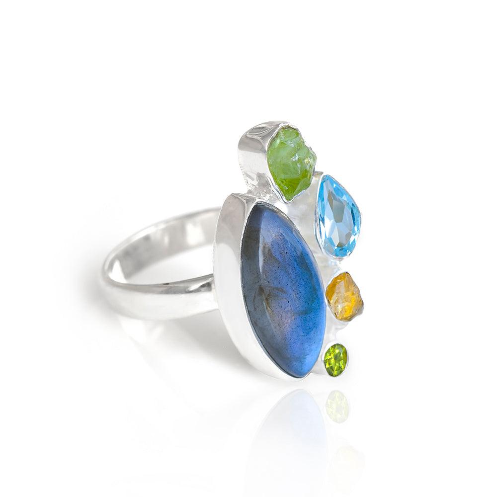 Labradorite Multi Gemstone Solid 925 Sterling Silver Statement Ring Jewelry - YoTreasure