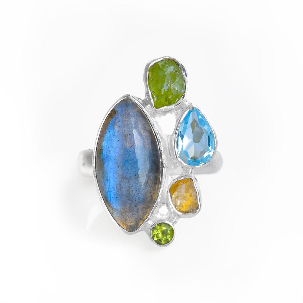 Labradorite Multi Gemstone Solid 925 Sterling Silver Statement Ring Jewelry - YoTreasure