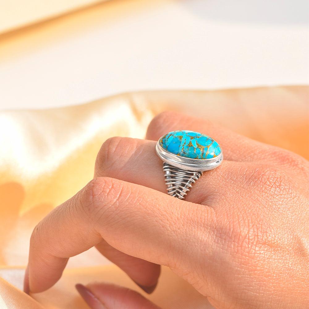 Blue Copper Turquoise Solid 925 Sterling Silver Cocktail Ring Jewelry - YoTreasure