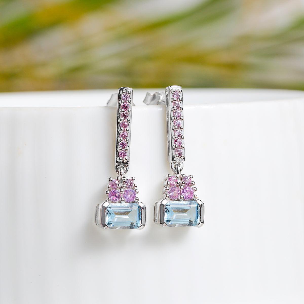 1.31 Ct. Aquamarine Pink Sapphire Solid 14k White Gold Drop Earring - YoTreasure