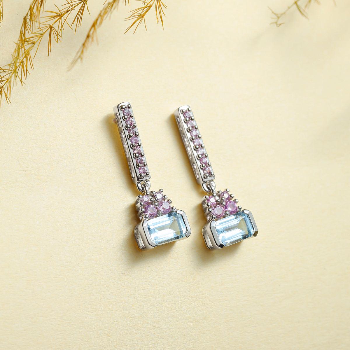 1.31 Ct. Aquamarine Pink Sapphire Solid 14k White Gold Drop Earring - YoTreasure