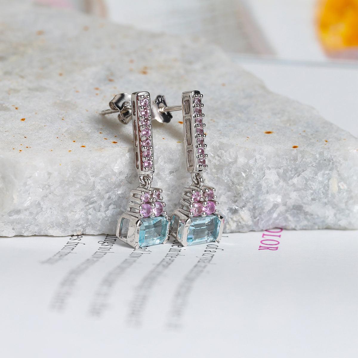 1.31 Ct. Aquamarine Pink Sapphire Solid 14k White Gold Drop Earring - YoTreasure