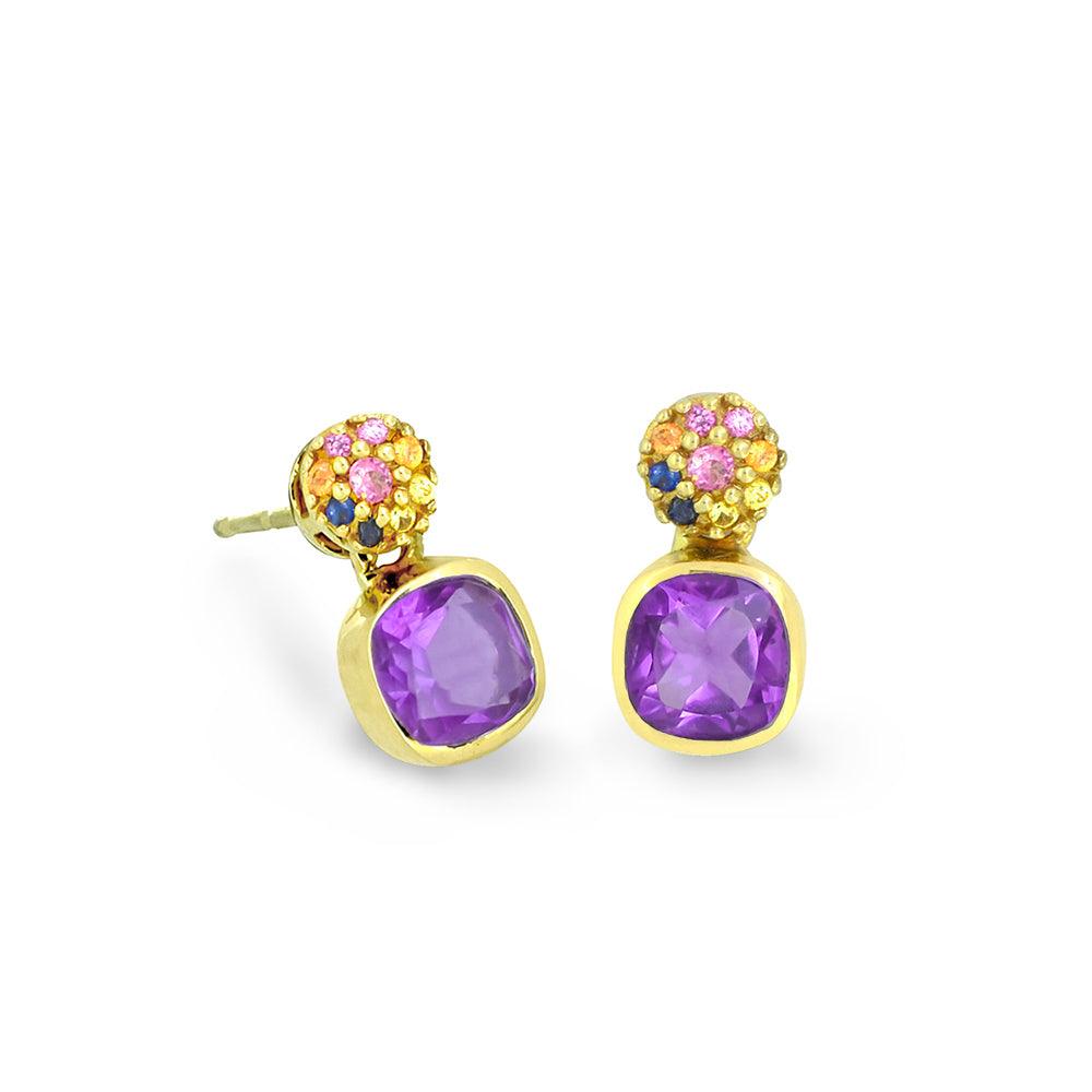 1.62 Ct. Amethyst Multi Sapphire 14K Yellow Gold Stud Earrings Jewelry - YoTreasure