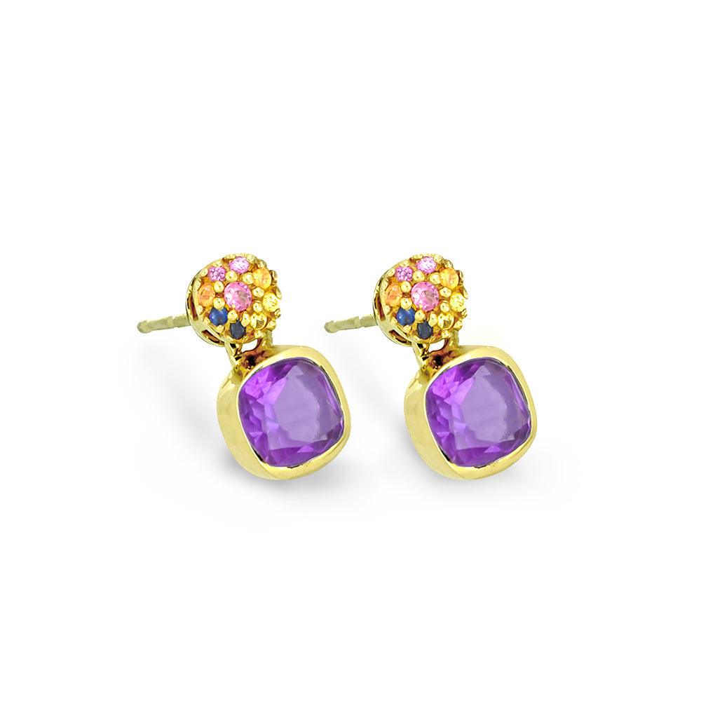 1.62 Ct. Amethyst Multi Sapphire 14K Yellow Gold Stud Earrings Jewelry - YoTreasure