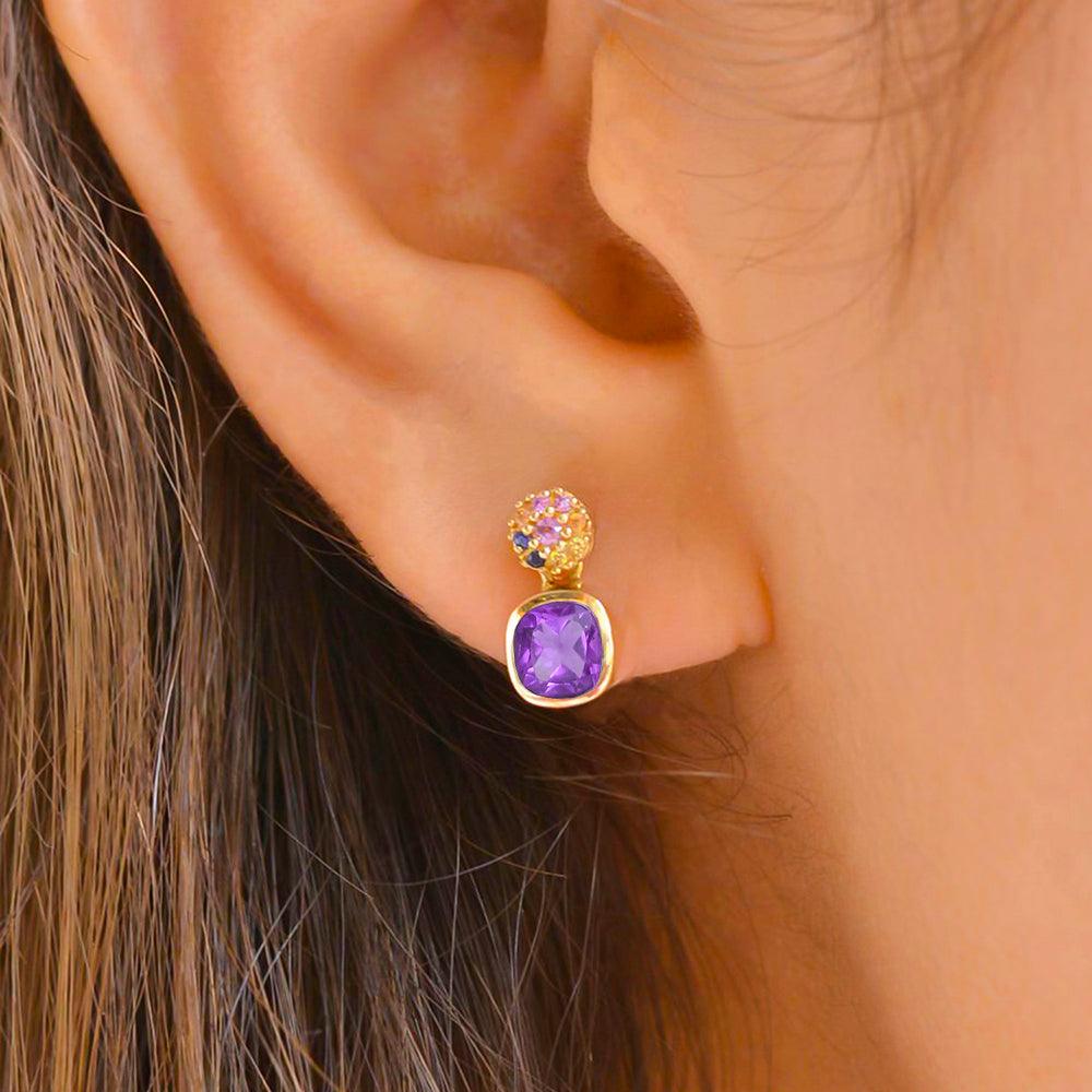 1.62 Ct. Amethyst Multi Sapphire 14K Yellow Gold Stud Earrings Jewelry - YoTreasure