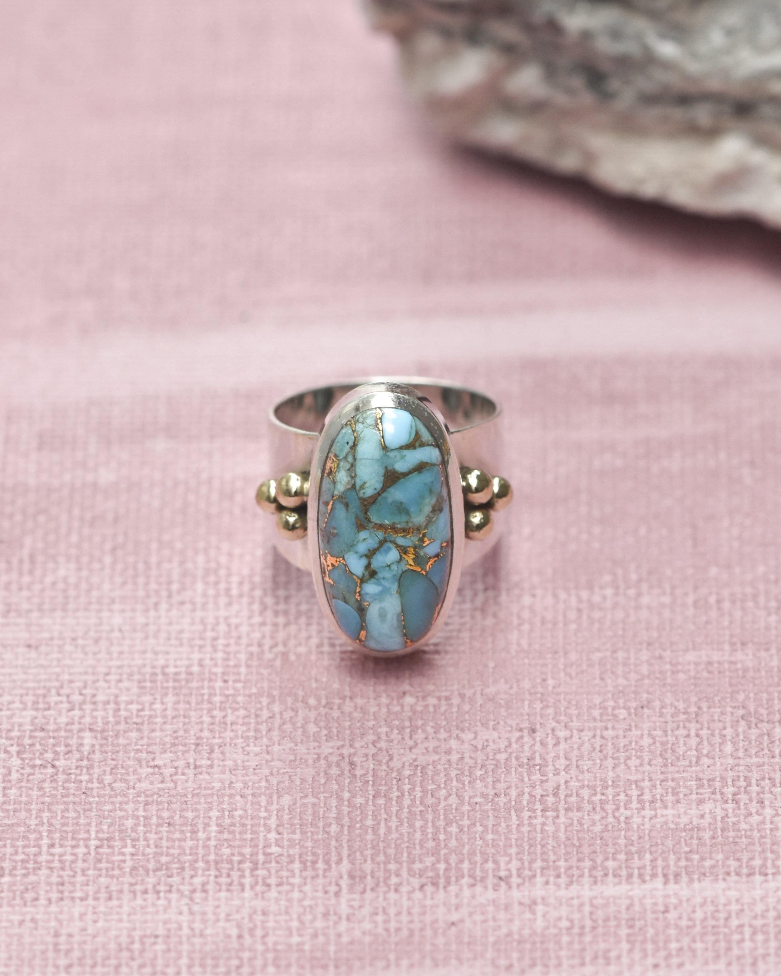 Blue Copper Turquoise Solid 925 Sterling Silver Brass Ring Genuine Gemstone Jewelry - YoTreasure