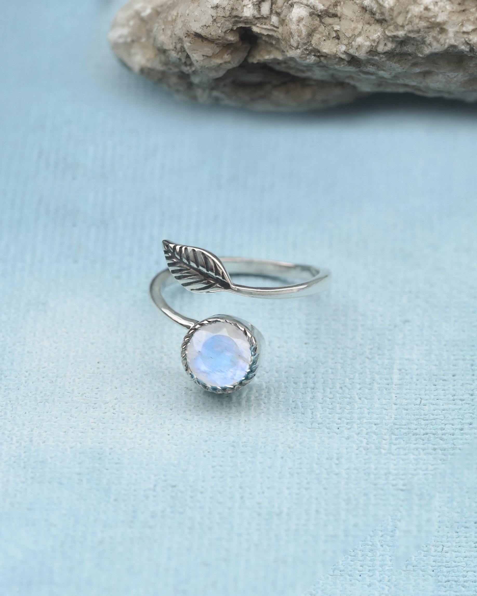 Buy Rainbow Moonstone 925 Sterling Silver Leaf Design Ring