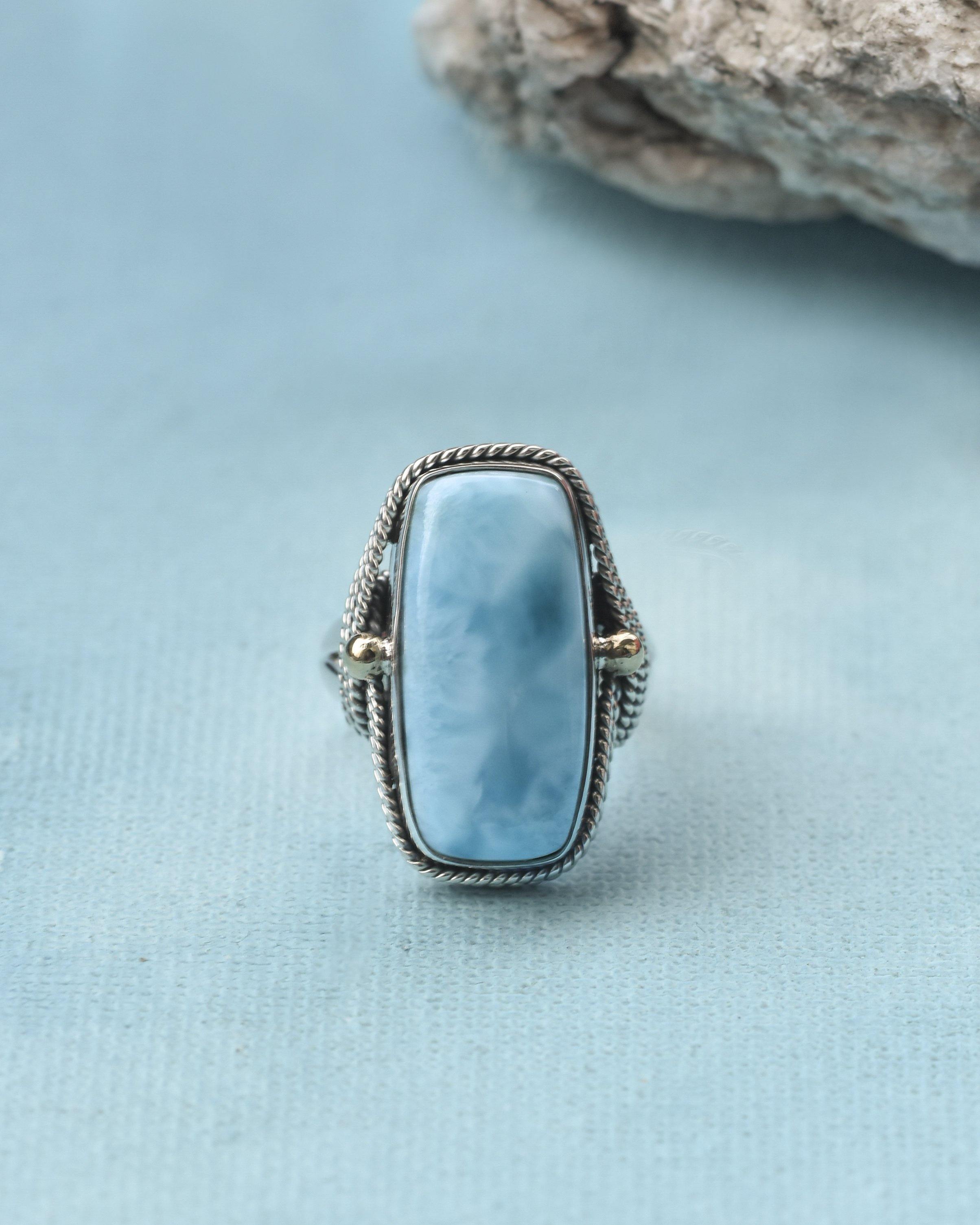 Natural Larimar Solid 925 Sterling Silver Brass Statement Ring Genuine Gemstone Jewelry - YoTreasure