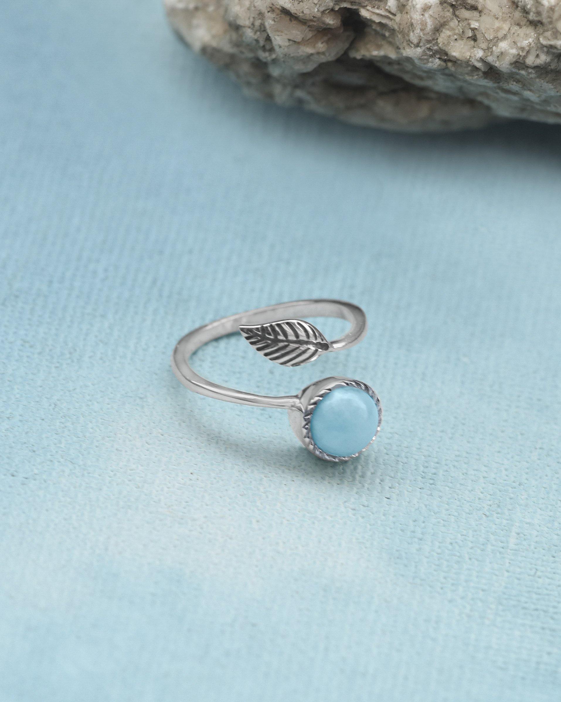 Larimar 925 Sterling Silver Leaf Design Ring Genuine Gemstone Jewelry - YoTreasure