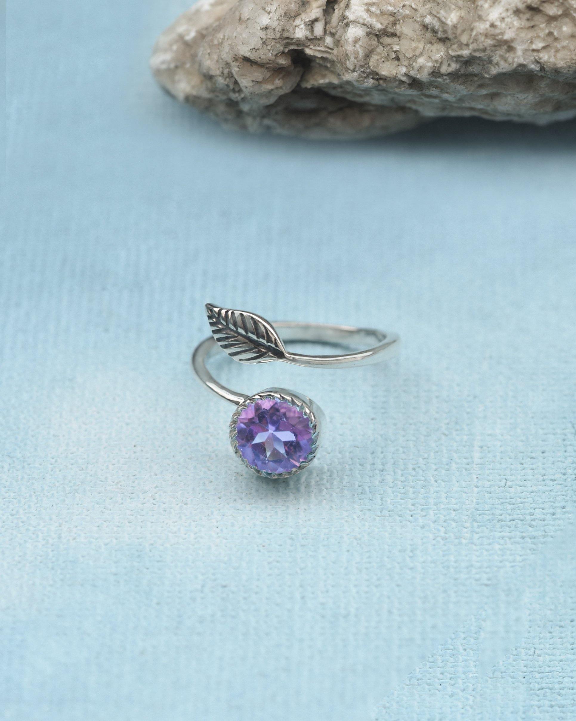 Purple Amethyst 925 Sterling Silver Leaf Design Ring Genuine Gemstone Jewelry - YoTreasure