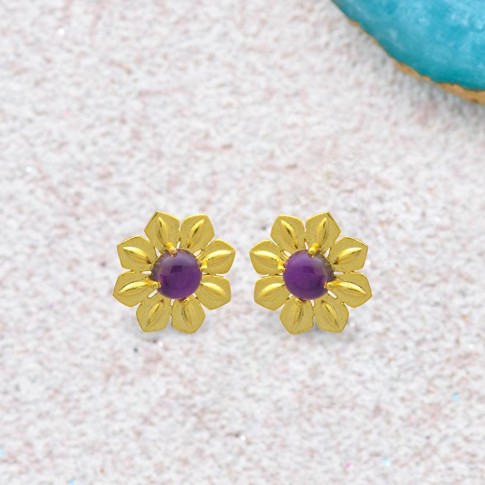 Natural Purple Amethyst Gold Plated Over  Brass Studs Earrings Jewelry - YoTreasure