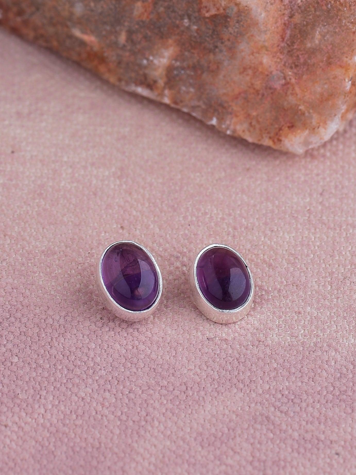 Natural Amethyst  Solid 925 Sterling Silver Stud Earrings - YoTreasure