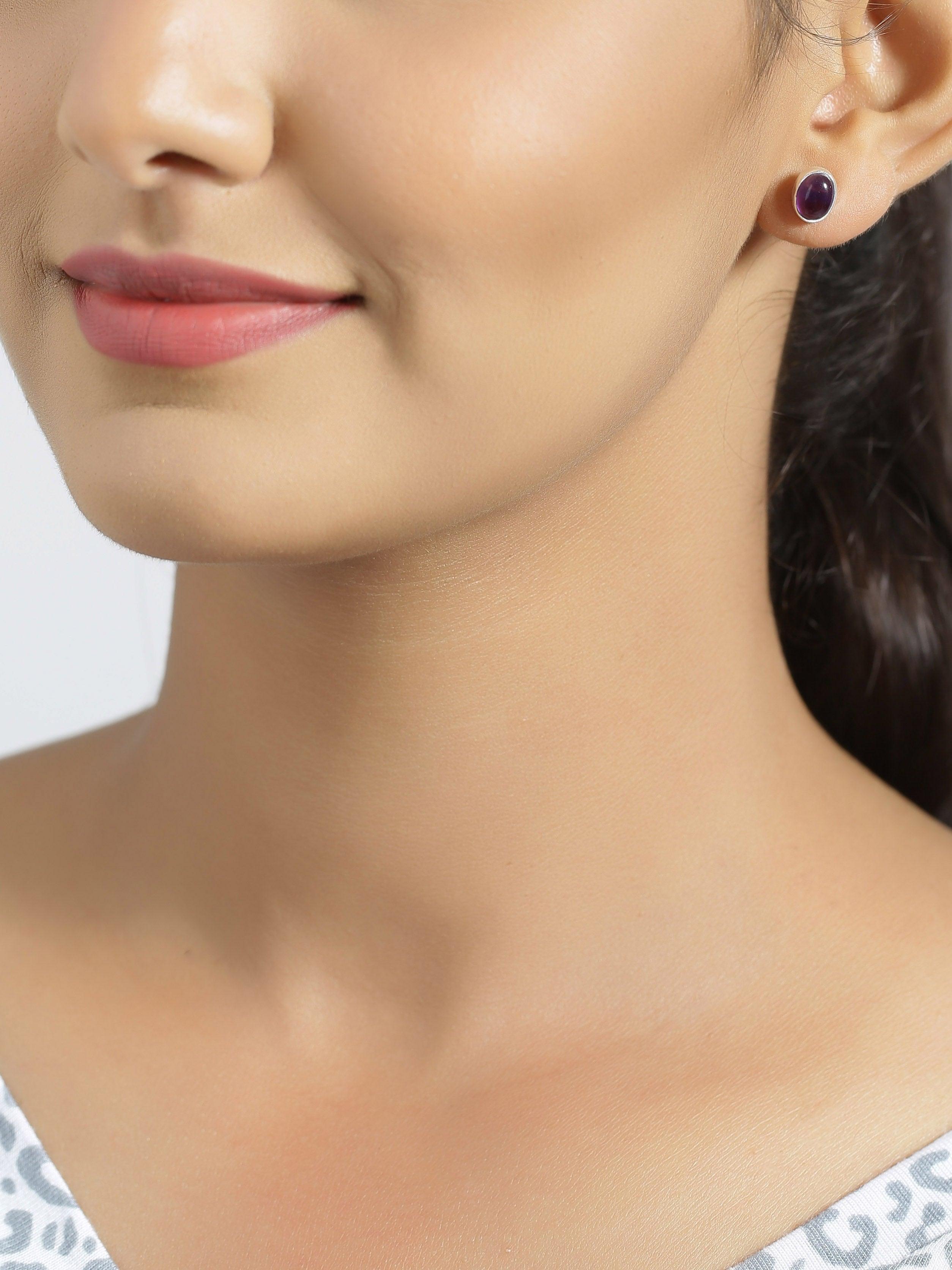 Natural Amethyst  Solid 925 Sterling Silver Stud Earrings - YoTreasure