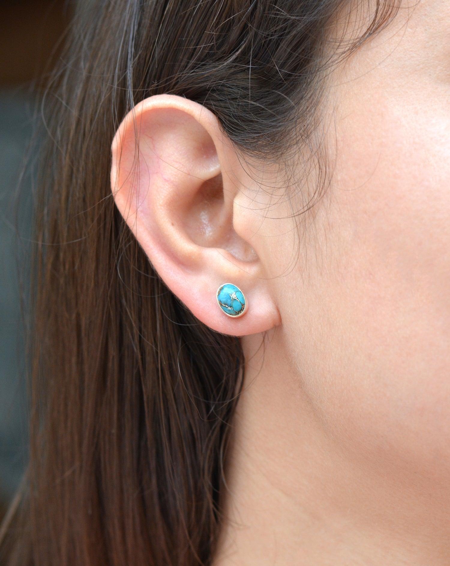 Blue Copper Turquoise Solid 925 Sterling Silver Stud Earrings - YoTreasure
