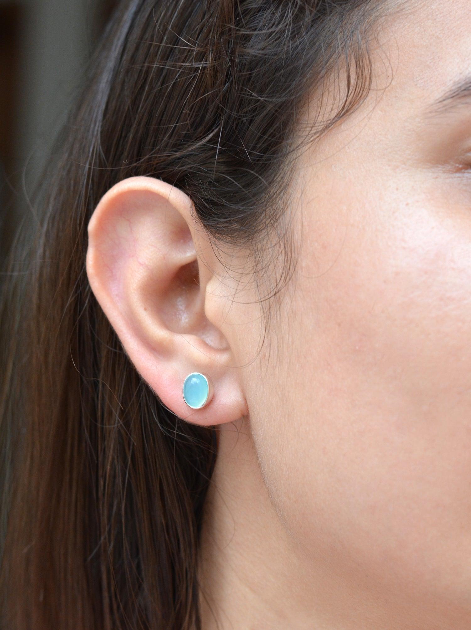 Aqua Chalcedony Solid 925 Sterling Silver Stud Earrings Jewelry - YoTreasure