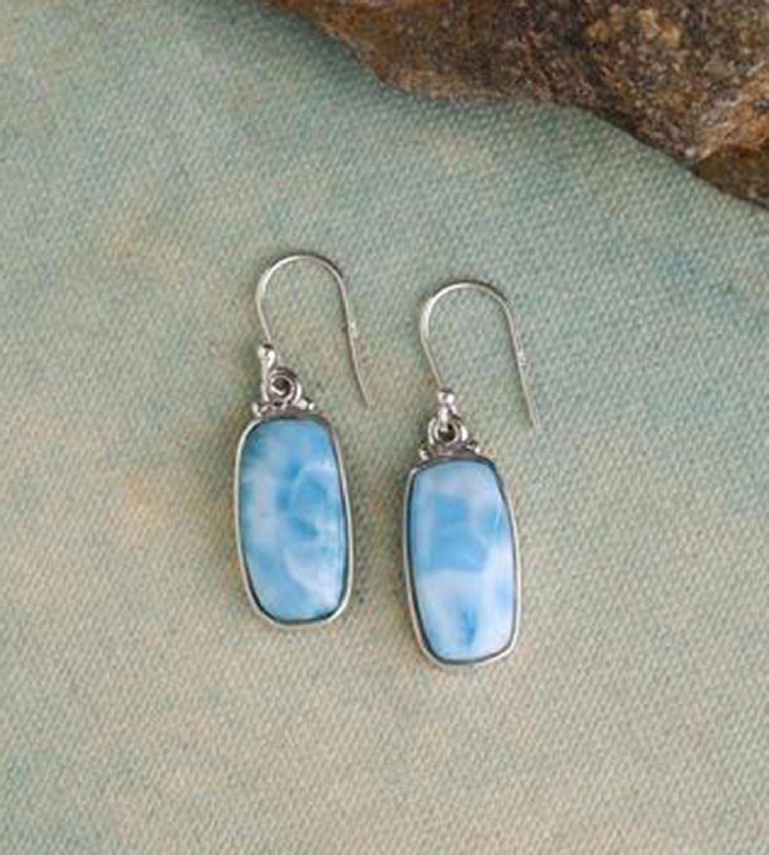 Natural Larimar Solid 925 Sterling Silver Dangle Earrings 1.50" - YoTreasure
