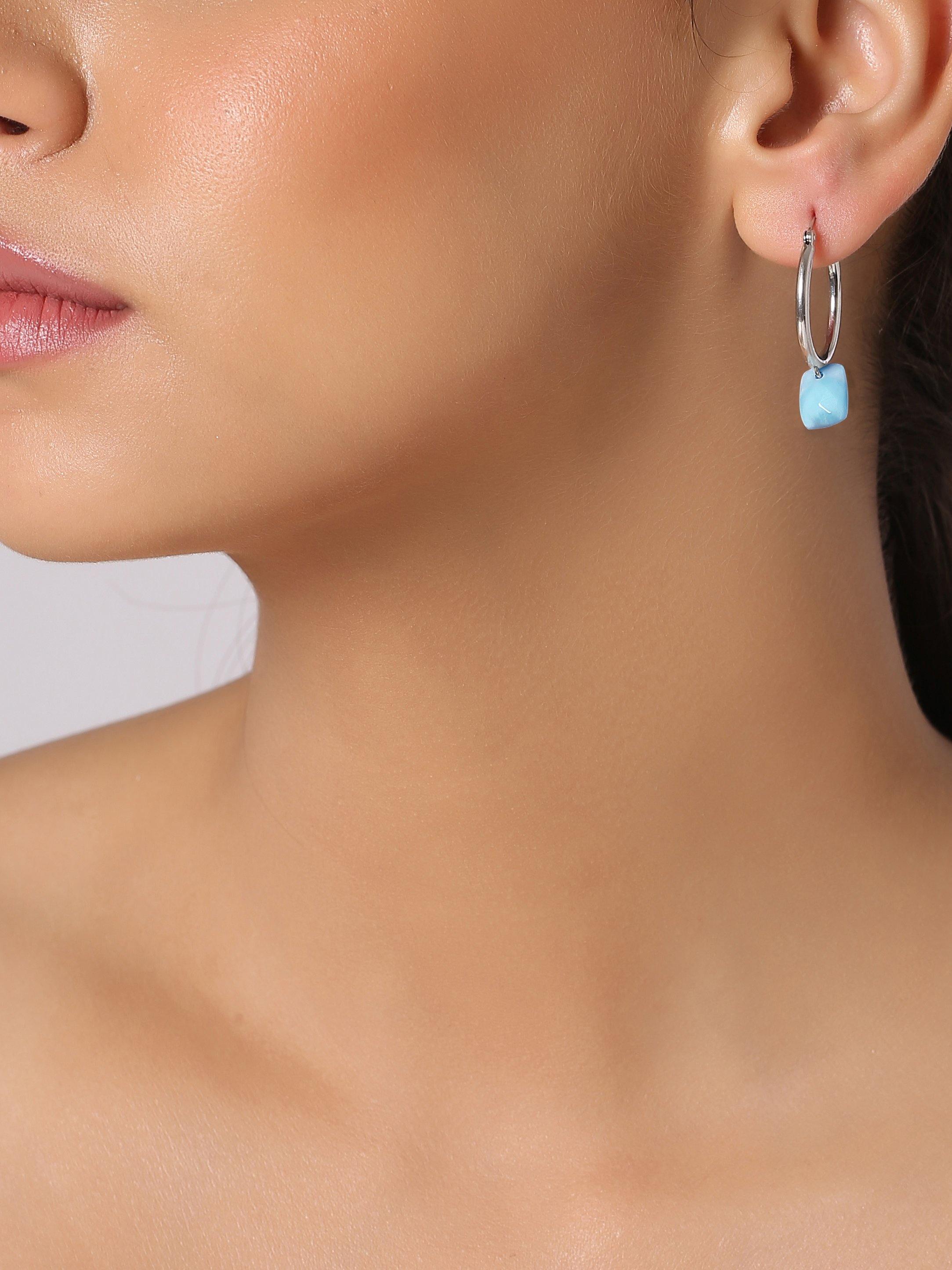 5.06 Cts. Natural Larimar Solid 925 Sterling Silver Hoop Earrings - YoTreasure