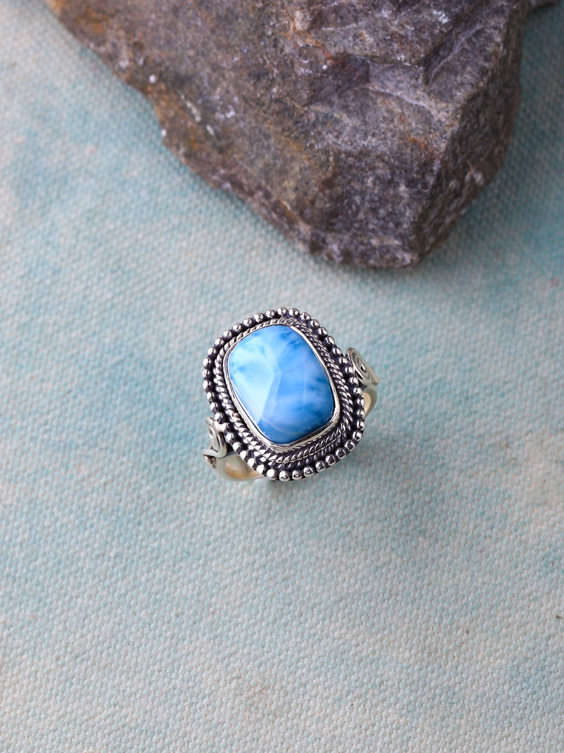 Natural Larimar Solid 925 Sterling Silver Ring Jewelry - YoTreasure