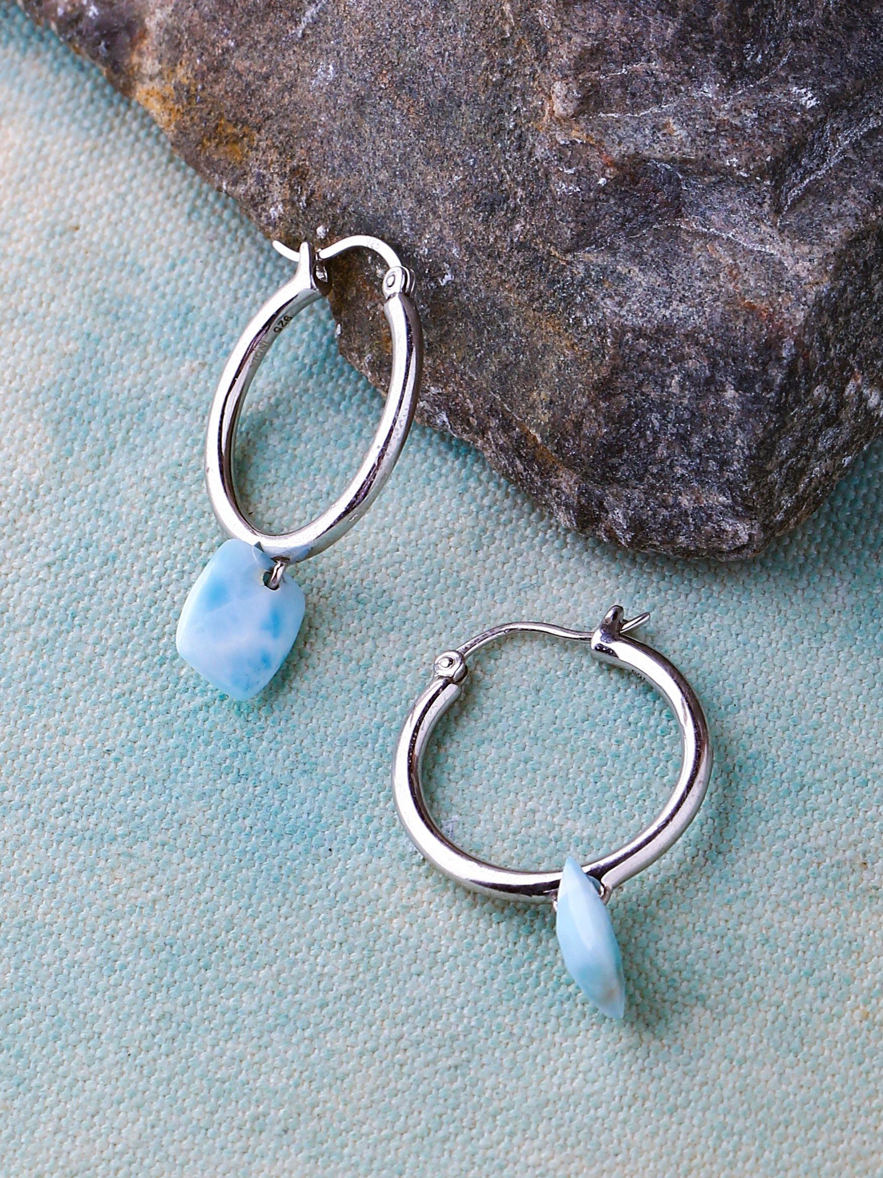 5.06 Cts. Natural Larimar Solid 925 Sterling Silver Hoop Earrings - YoTreasure