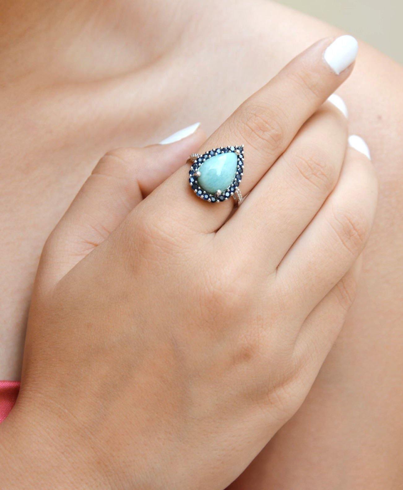 7.47 Ct Larimar Blue Sapphire Solid Sterling Silver Designer Ring Jewelry - YoTreasure