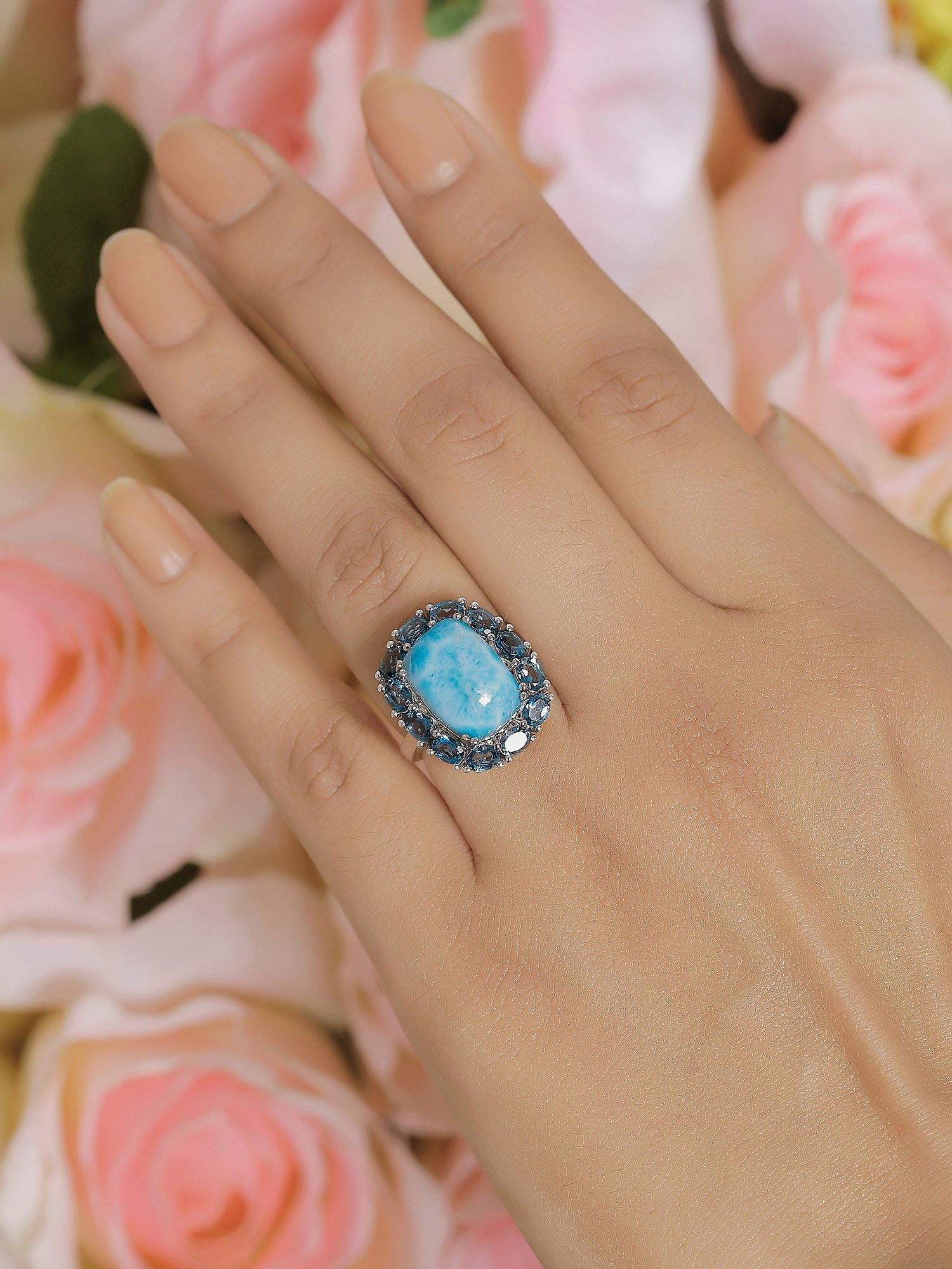 10.26 Ct. Larimar London Blue Topaz Solid 925 Sterling Silver Cluster Ring Jewelry - YoTreasure
