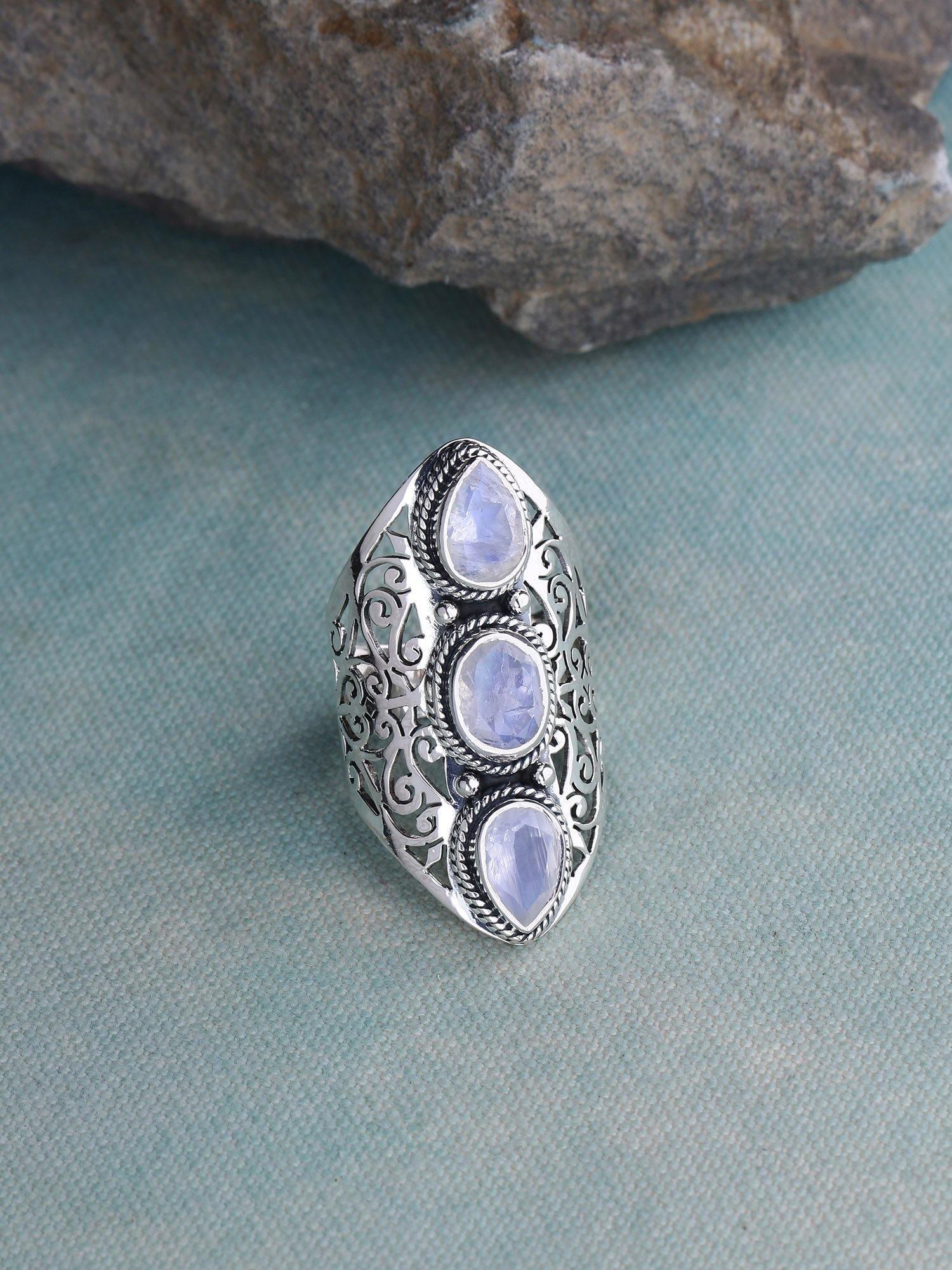 Moonstone Solid 925 Sterling Silver Filigree 3 Stone Ring Jewelry - YoTreasure