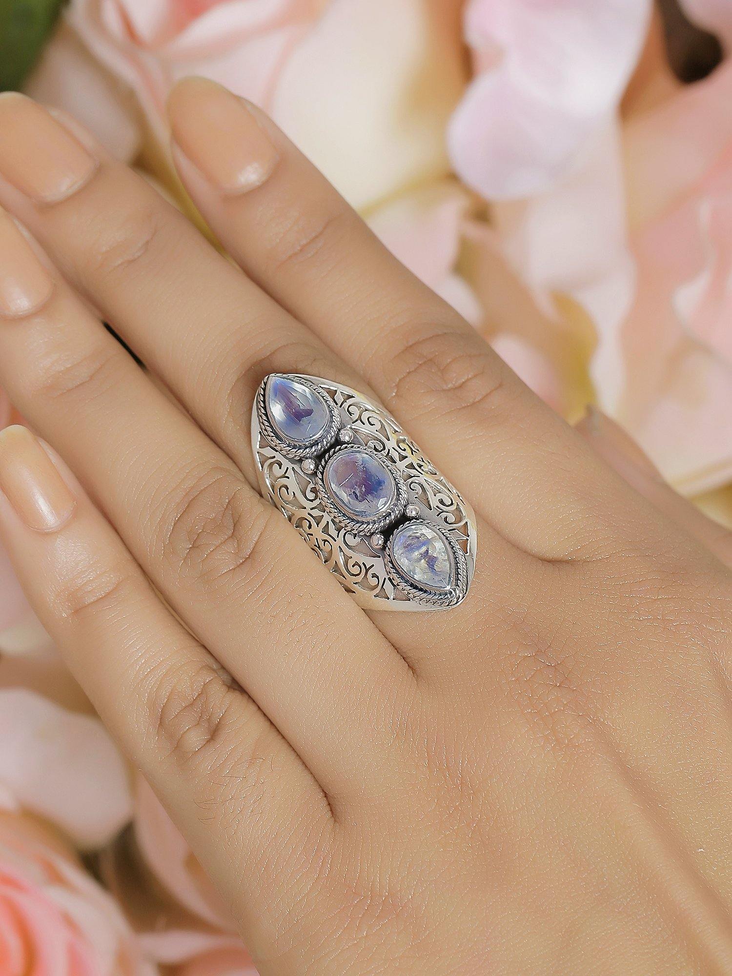 Moonstone Solid 925 Sterling Silver Filigree 3 Stone Ring Jewelry - YoTreasure