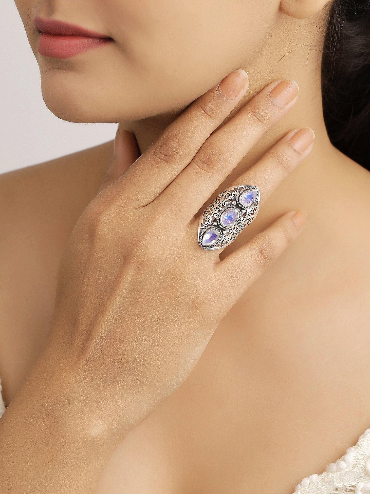 Moonstone Solid 925 Sterling Silver Filigree 3 Stone Ring Jewelry - YoTreasure