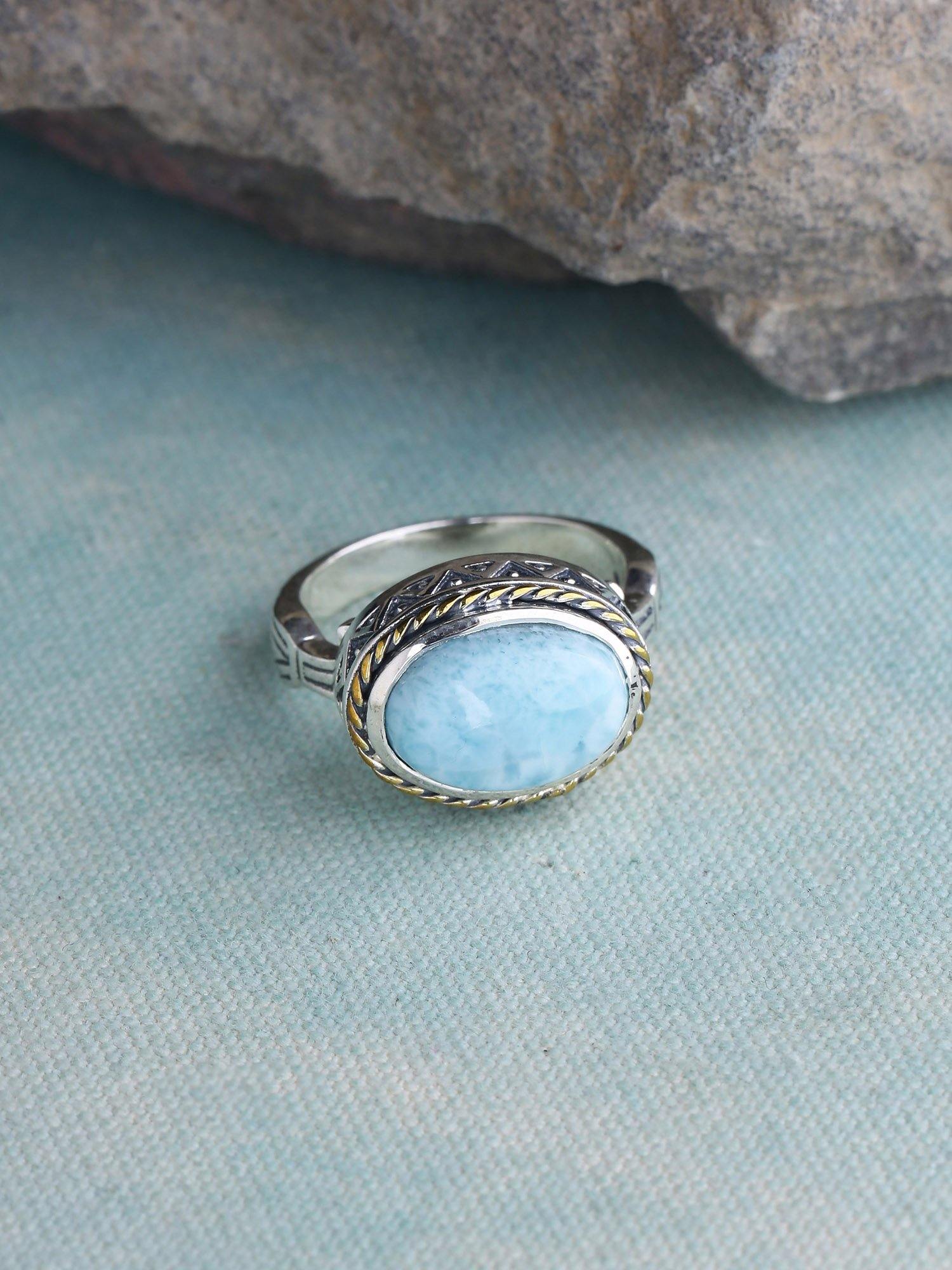 Natural Larimar Solid 925 Sterling Silver Brass Ring Jewelry - YoTreasure