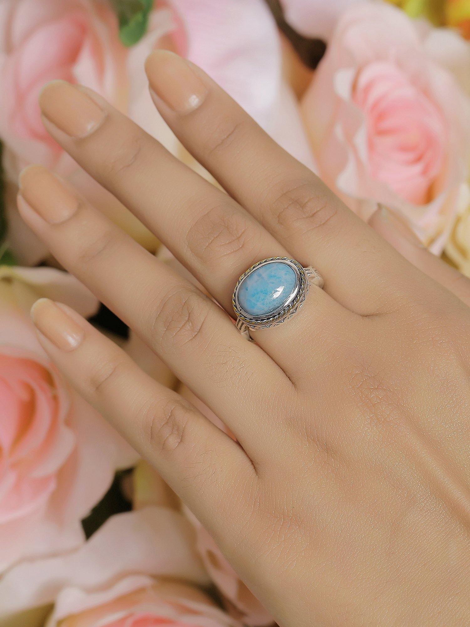 Natural Larimar Solid 925 Sterling Silver Brass Ring Jewelry - YoTreasure