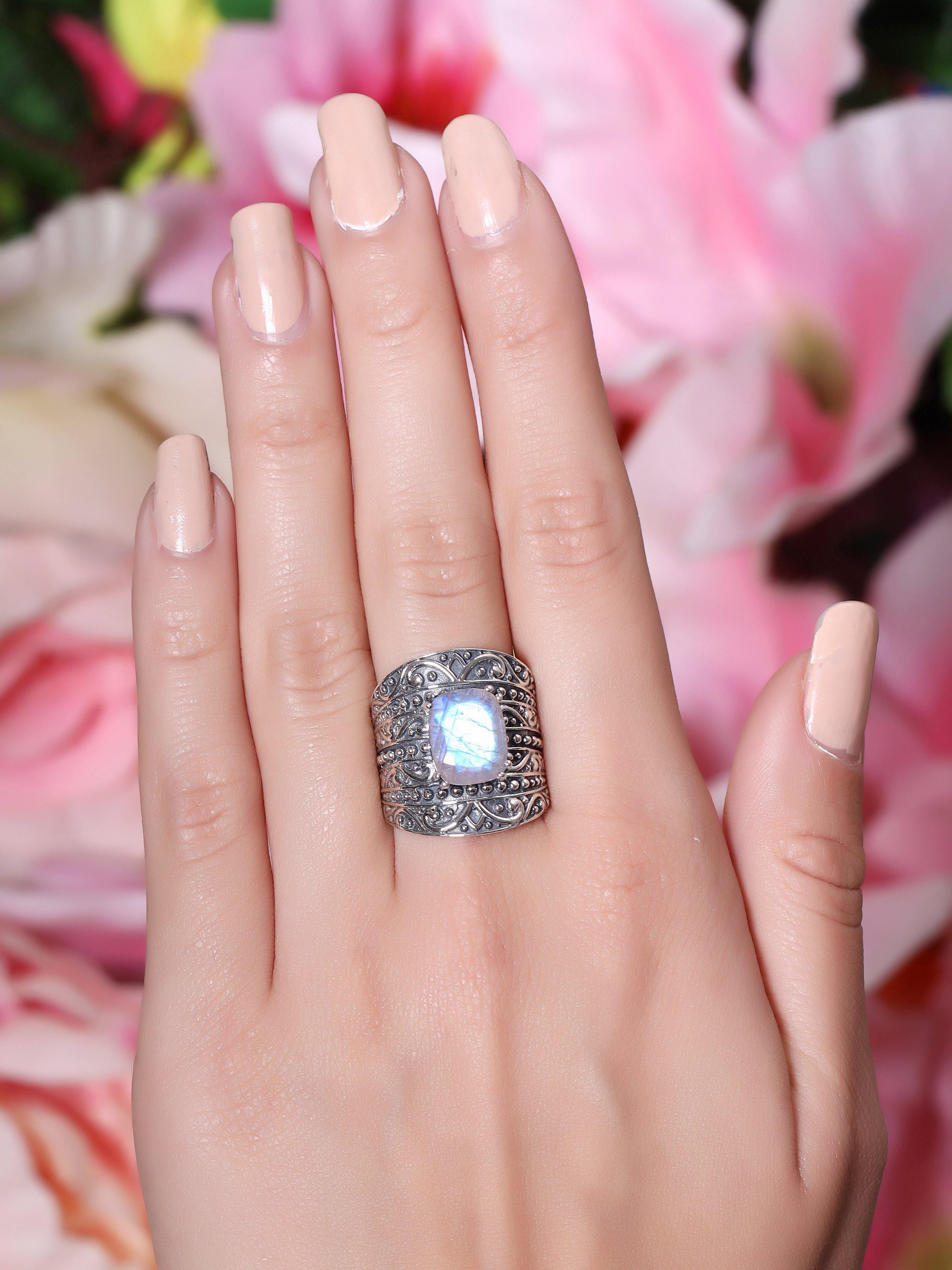 9x11MM Moonstone Ring 925 Sterling Silver Oxidized Wide Band Boho Jewelry - YoTreasure