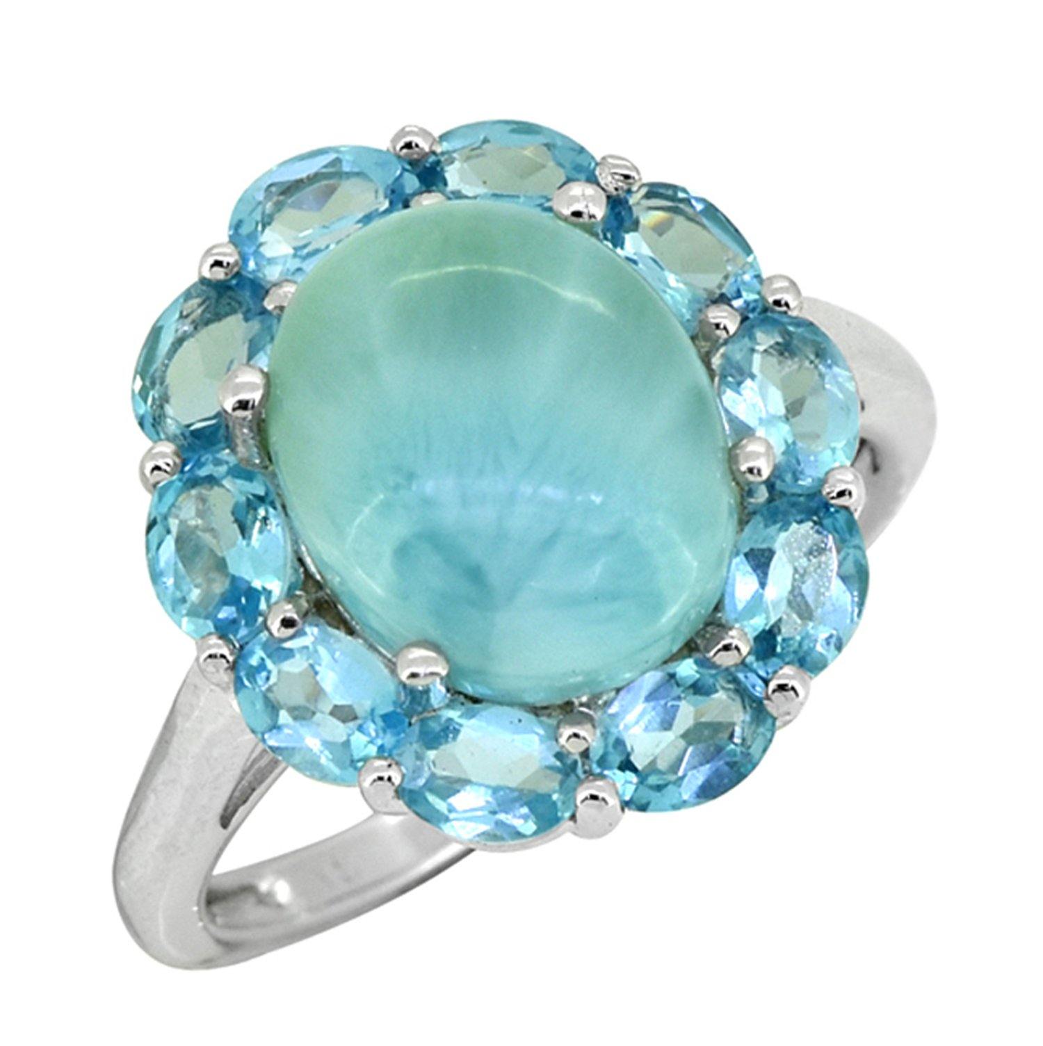 5.43 Ct. Larimar Blue Topaz Sterling Silver Flower Cluster Ring Jewelry - YoTreasure