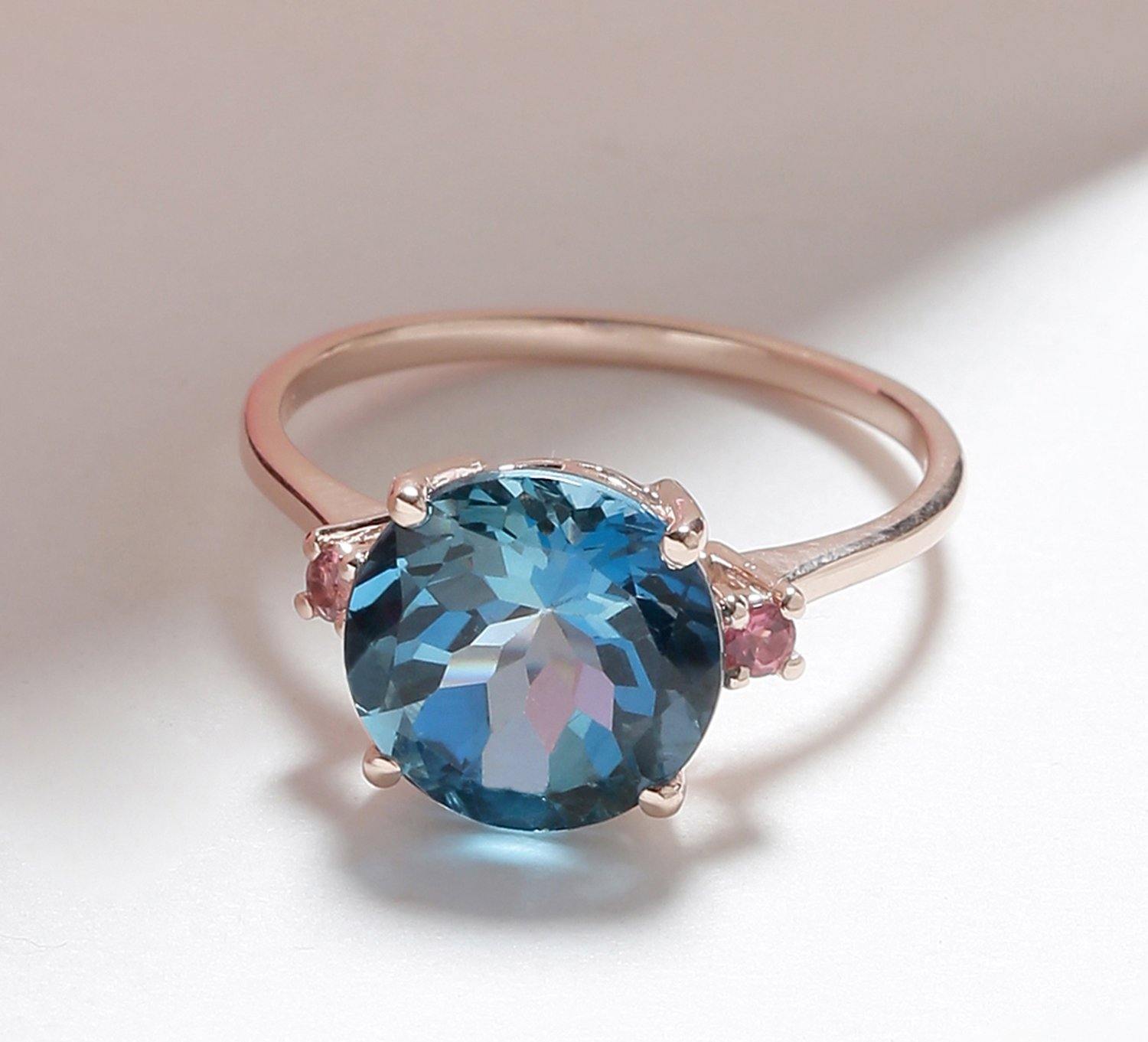3.90 Ct London Blue Topaz Pink Tourmaline Solid 10k Rose Gold Ring - YoTreasure