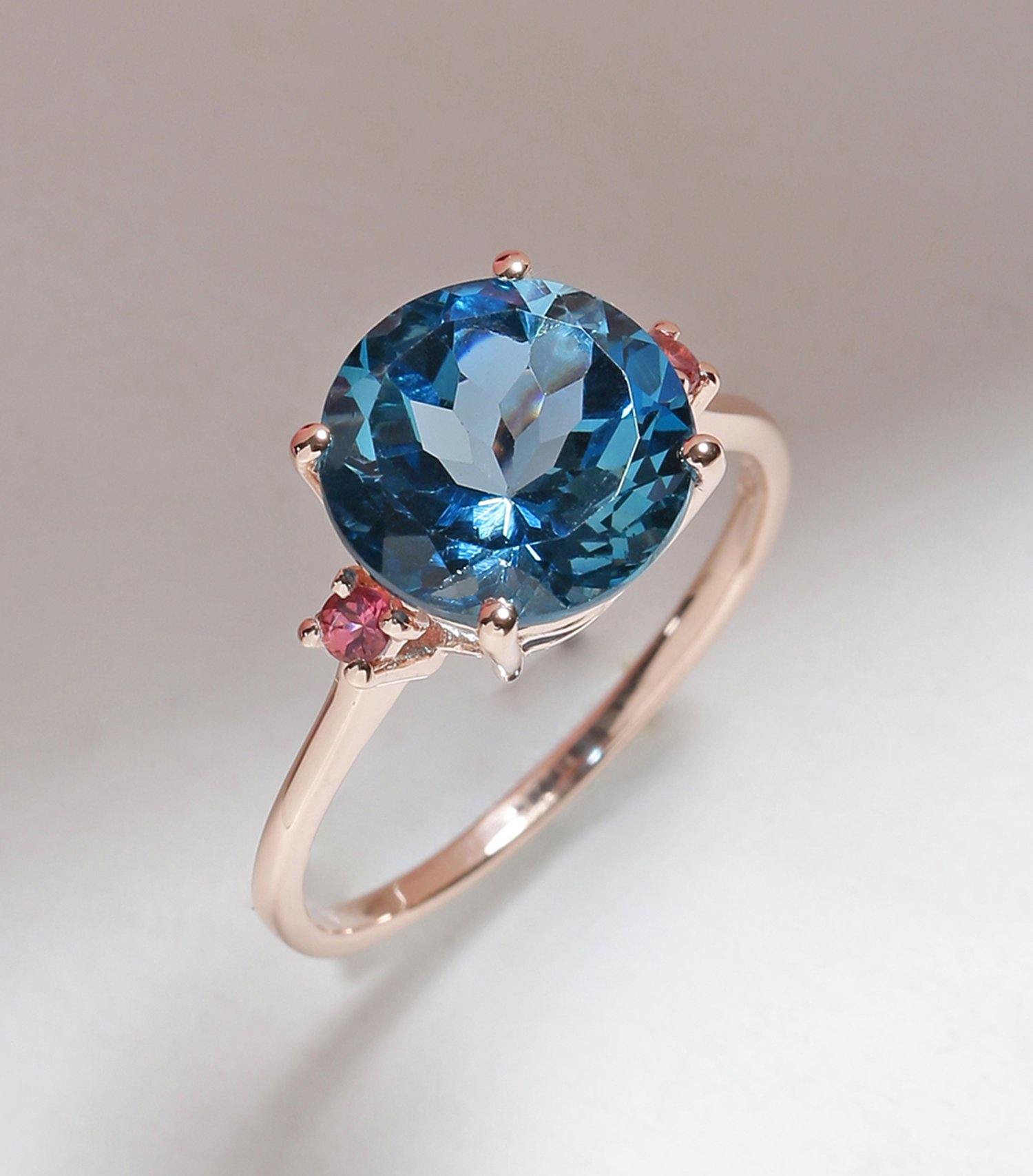 3.90 Ct London Blue Topaz Pink Tourmaline Solid 10k Rose Gold Ring - YoTreasure