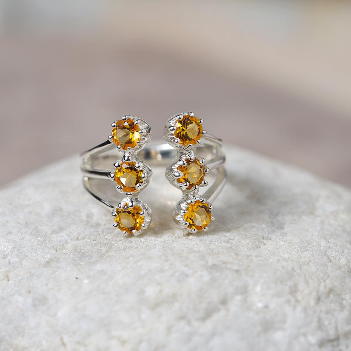 Natural Healing Crystal Citrine 925 Sterling Silver Multi Row Cocktail Ring - YoTreasure