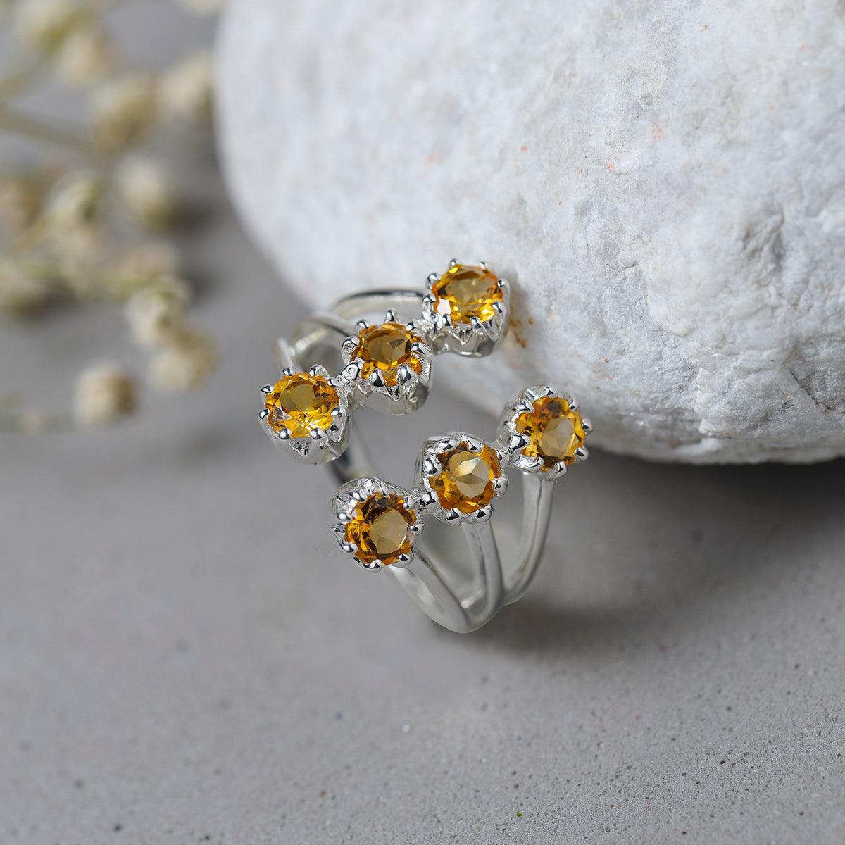Natural Healing Crystal Citrine 925 Sterling Silver Multi Row Cocktail Ring - YoTreasure
