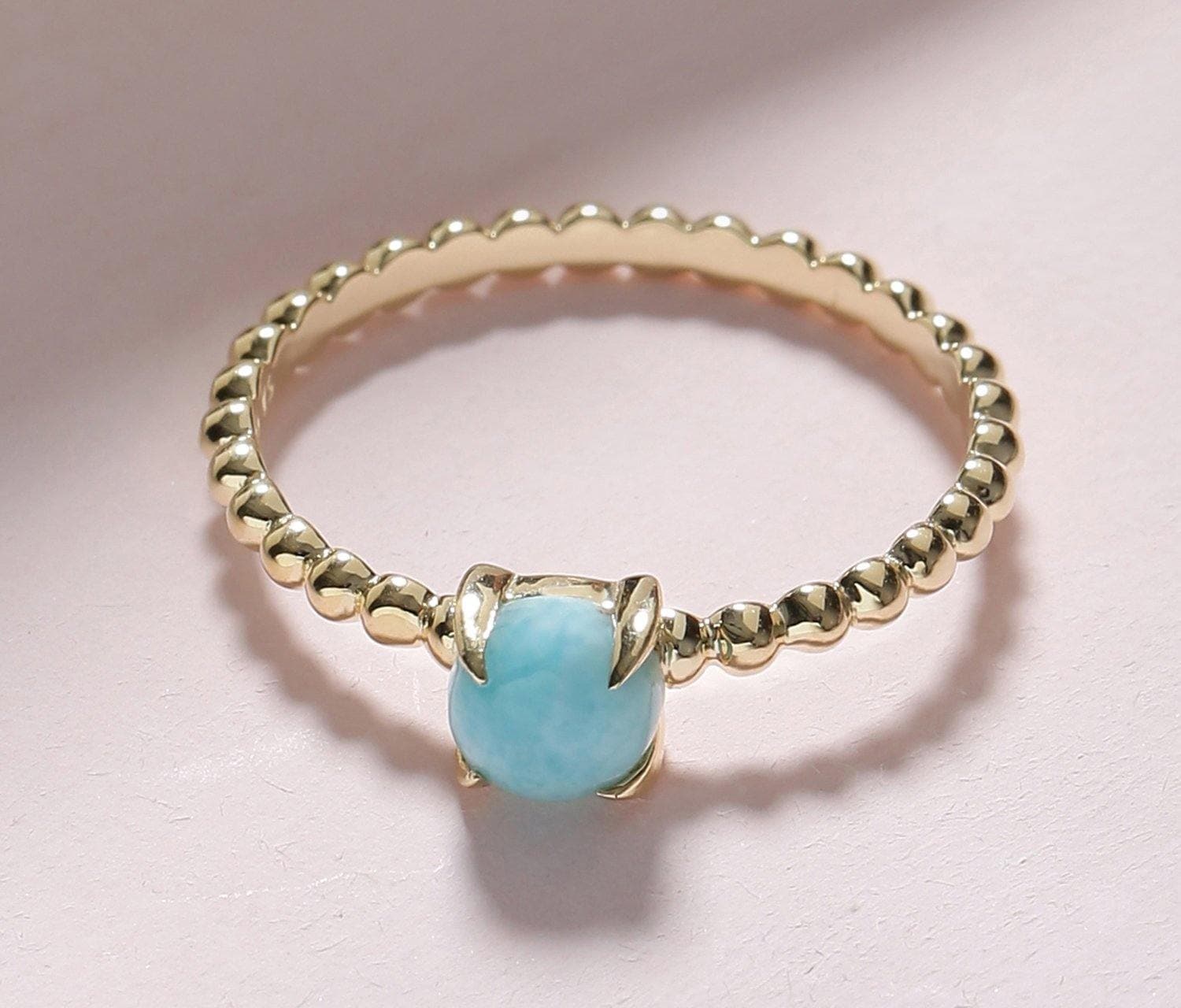 0.60 Ct Larimar Solid 10k Yellow Gold Beaded Solitaire Ring Jewelry - YoTreasure