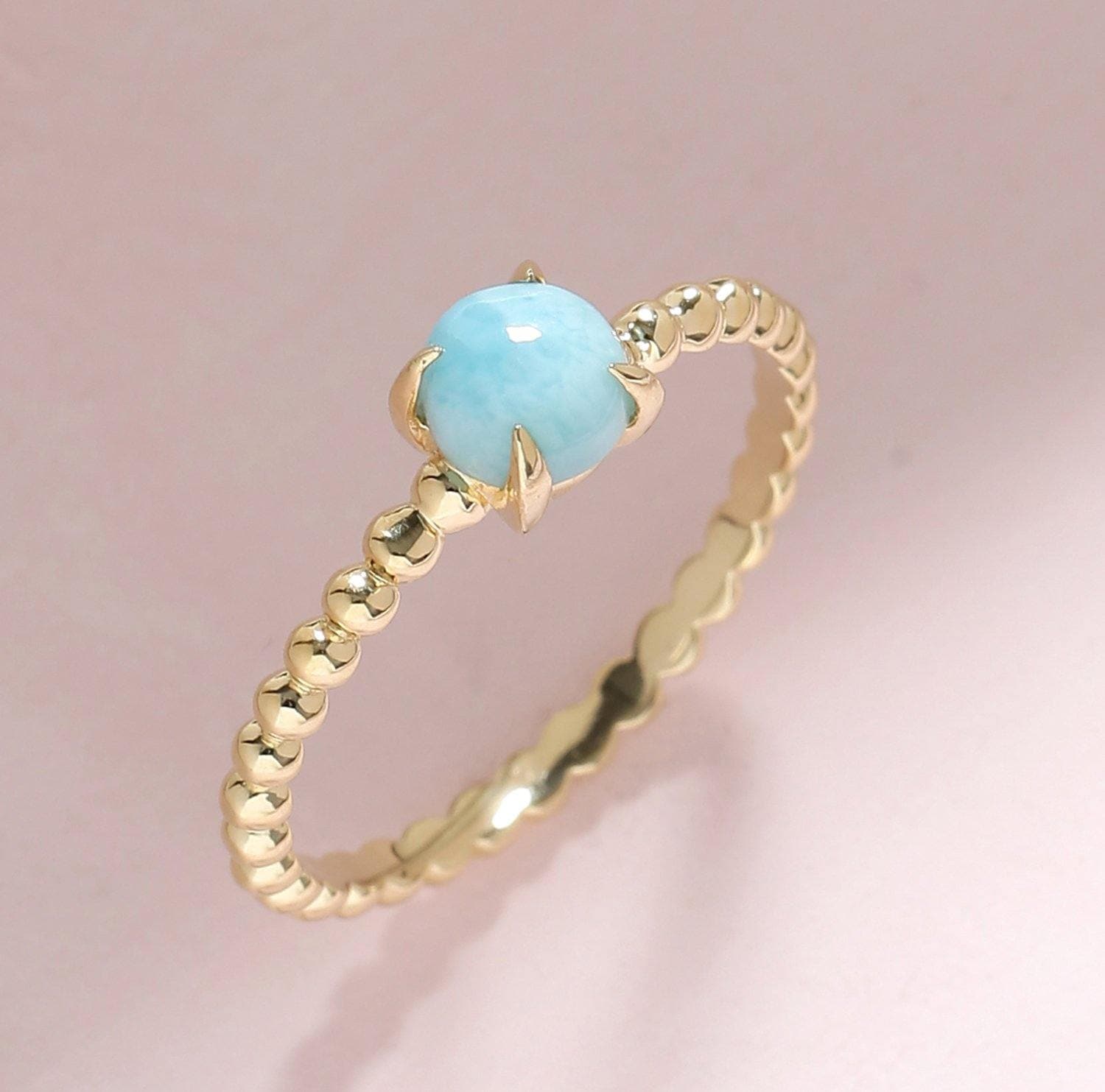 0.60 Ct Larimar Solid 10k Yellow Gold Beaded Solitaire Ring Jewelry - YoTreasure
