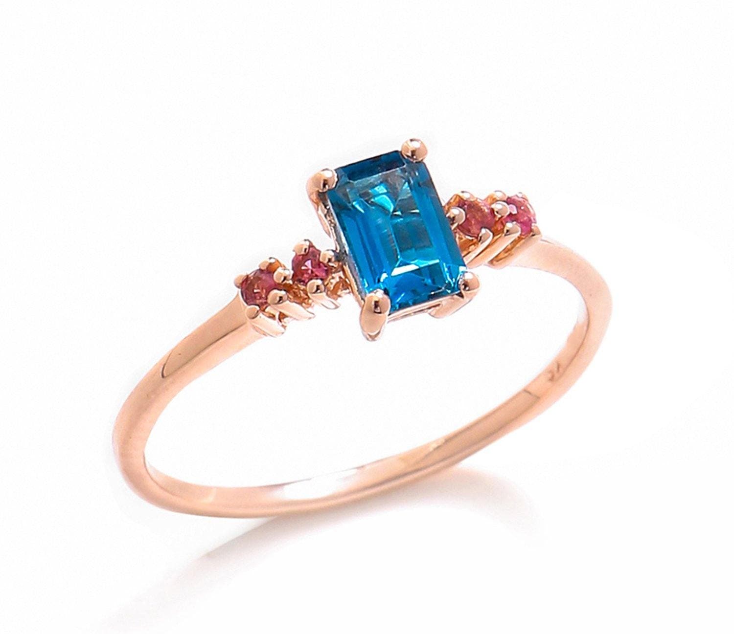 0.77 Ct London Blue Topaz Pink Tourmaline Solid 10k Rose Gold Ring - YoTreasure