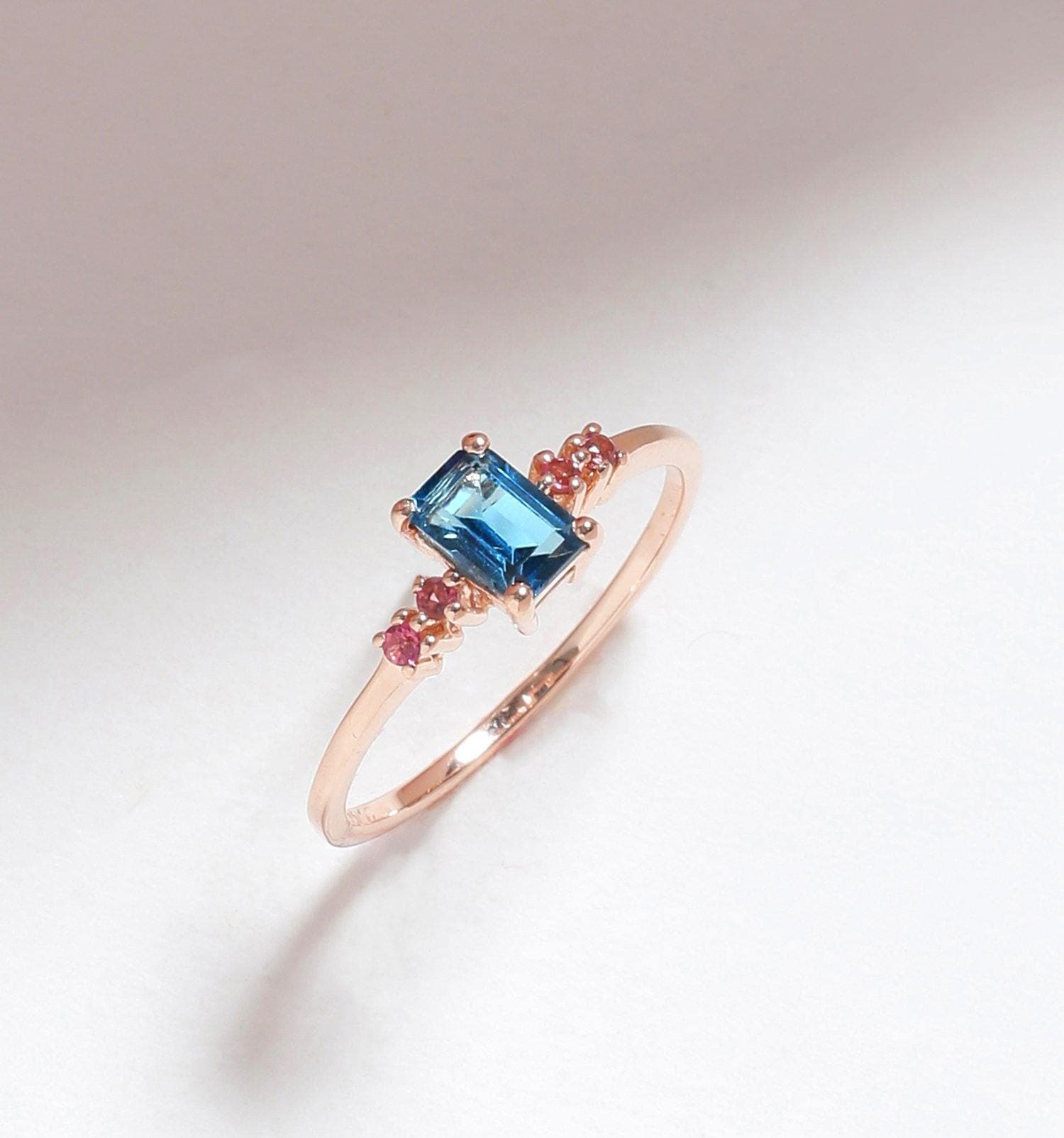 0.77 Ct London Blue Topaz Pink Tourmaline Solid 10k Rose Gold Ring - YoTreasure