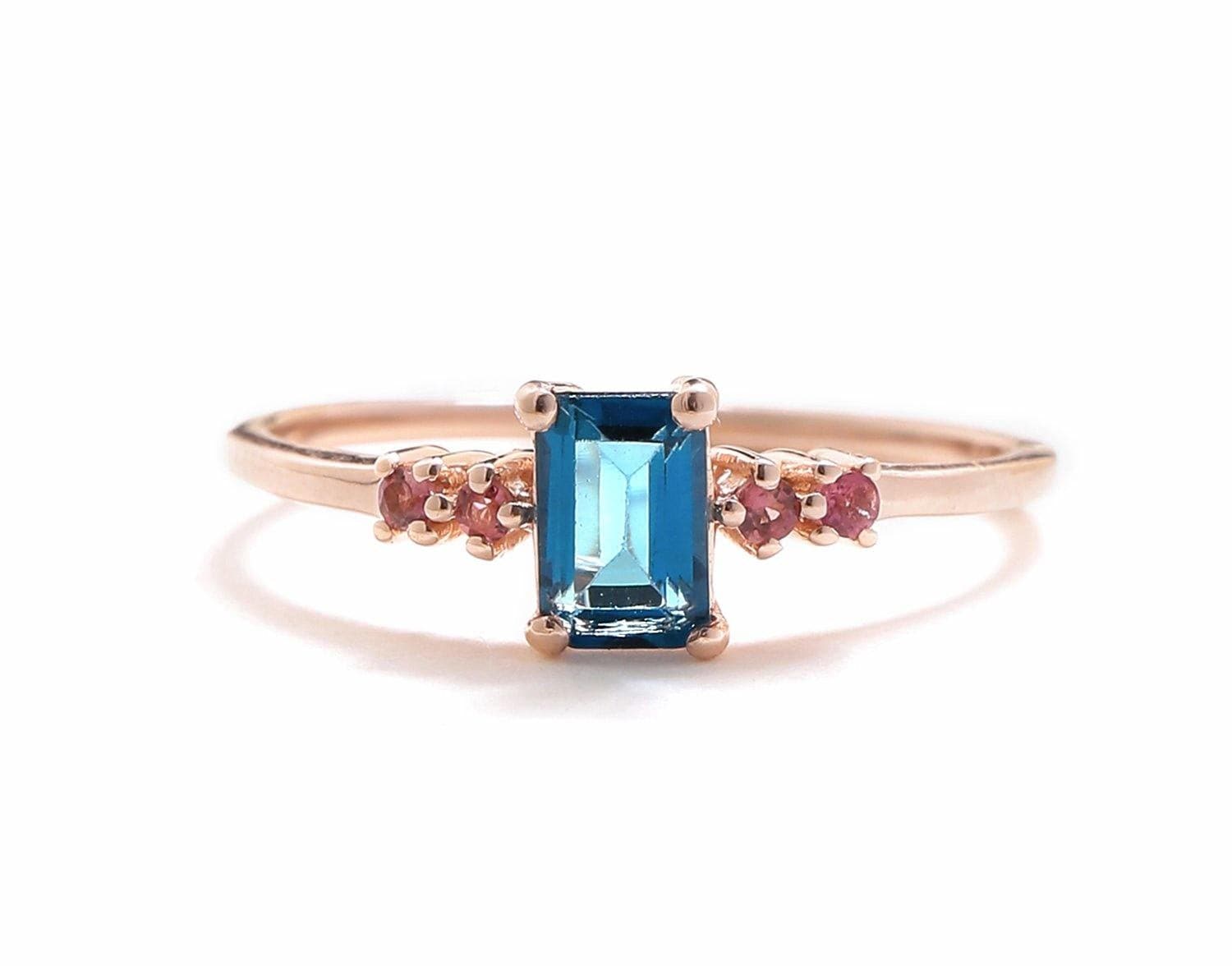 0.77 Ct London Blue Topaz Pink Tourmaline Solid 10k Rose Gold Ring - YoTreasure