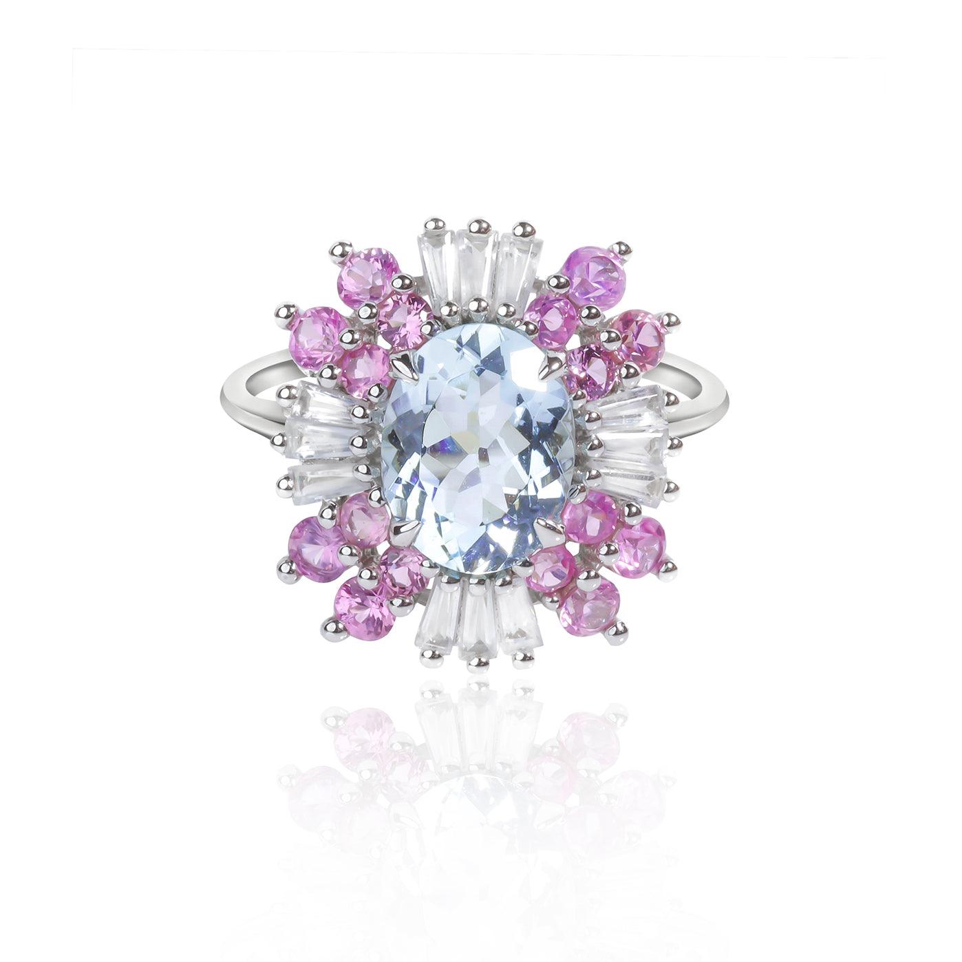 2.74 Ct. Aquamarine White Zircon Pink Sapphire 14K White Gold Engagement Ring - YoTreasure