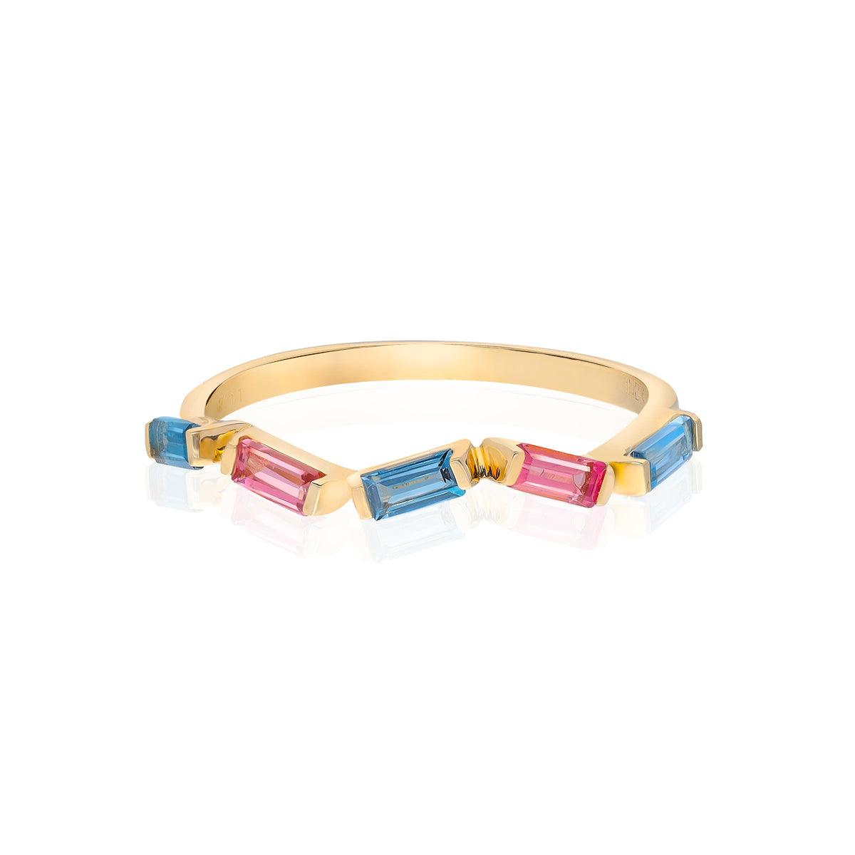 0.69 Ct. London Blue Topaz Pink Tourmaline 14K Yellow Gold Band Ring - YoTreasure
