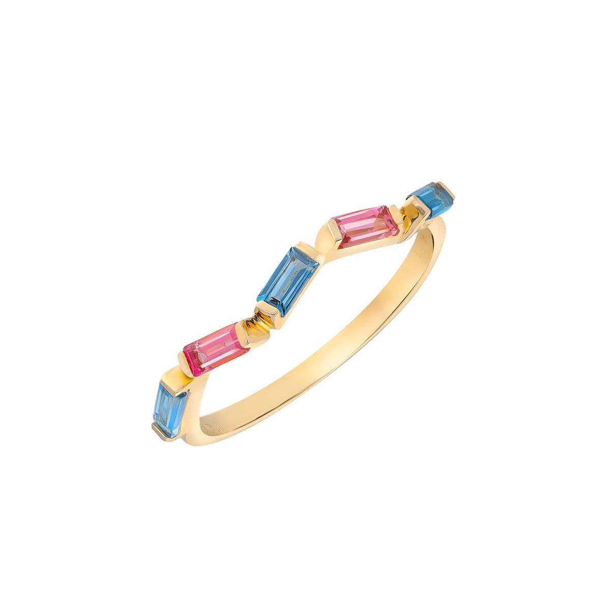 0.69 Ct. London Blue Topaz Pink Tourmaline 14K Yellow Gold Band Ring - YoTreasure