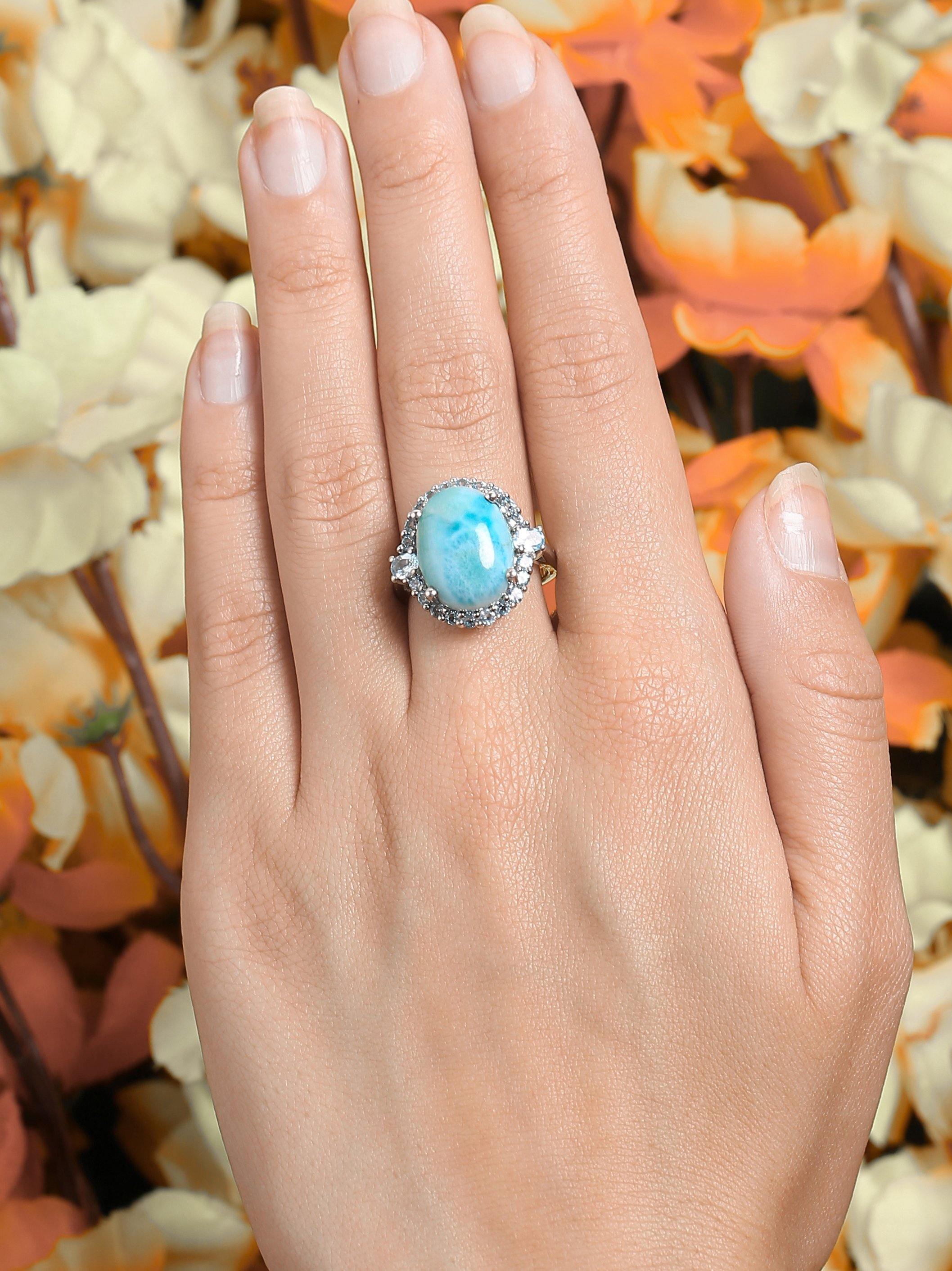 12.03 Ct. Larimar Swiss Blue Topaz Solid 925 Sterling Silver Cluster Ring Jewelry - YoTreasure