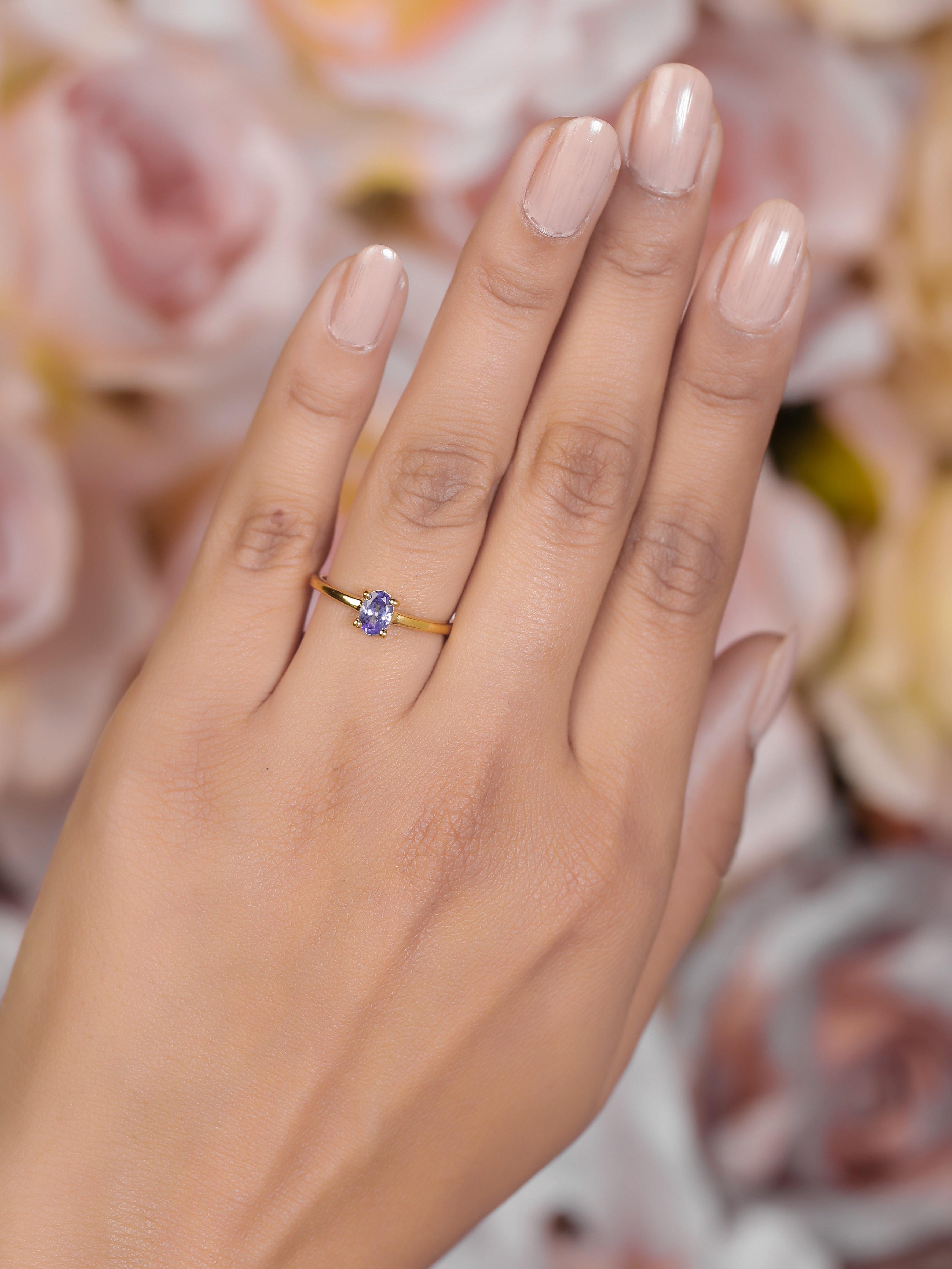 Tanzanite Solid 925 Sterling Silver Gold Plated Solitaire Ring - YoTreasure