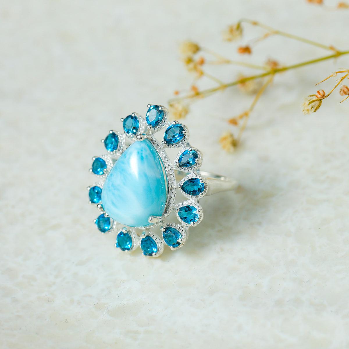 Larimar & London Blue Topaz Solid 925 Sterling Silver Cocktail Ring - YoTreasure