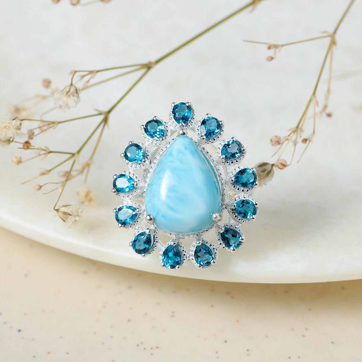 Larimar & London Blue Topaz Solid 925 Sterling Silver Cocktail Ring - YoTreasure