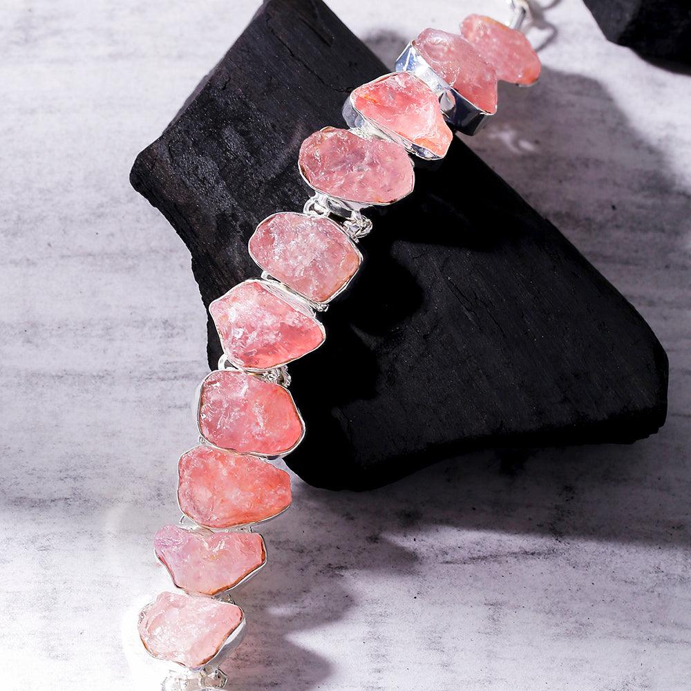Raw Rose Quartz Solid 925 Sterling Silver Link Chain Bracelet Jewelry 8.5 Inch - YoTreasure