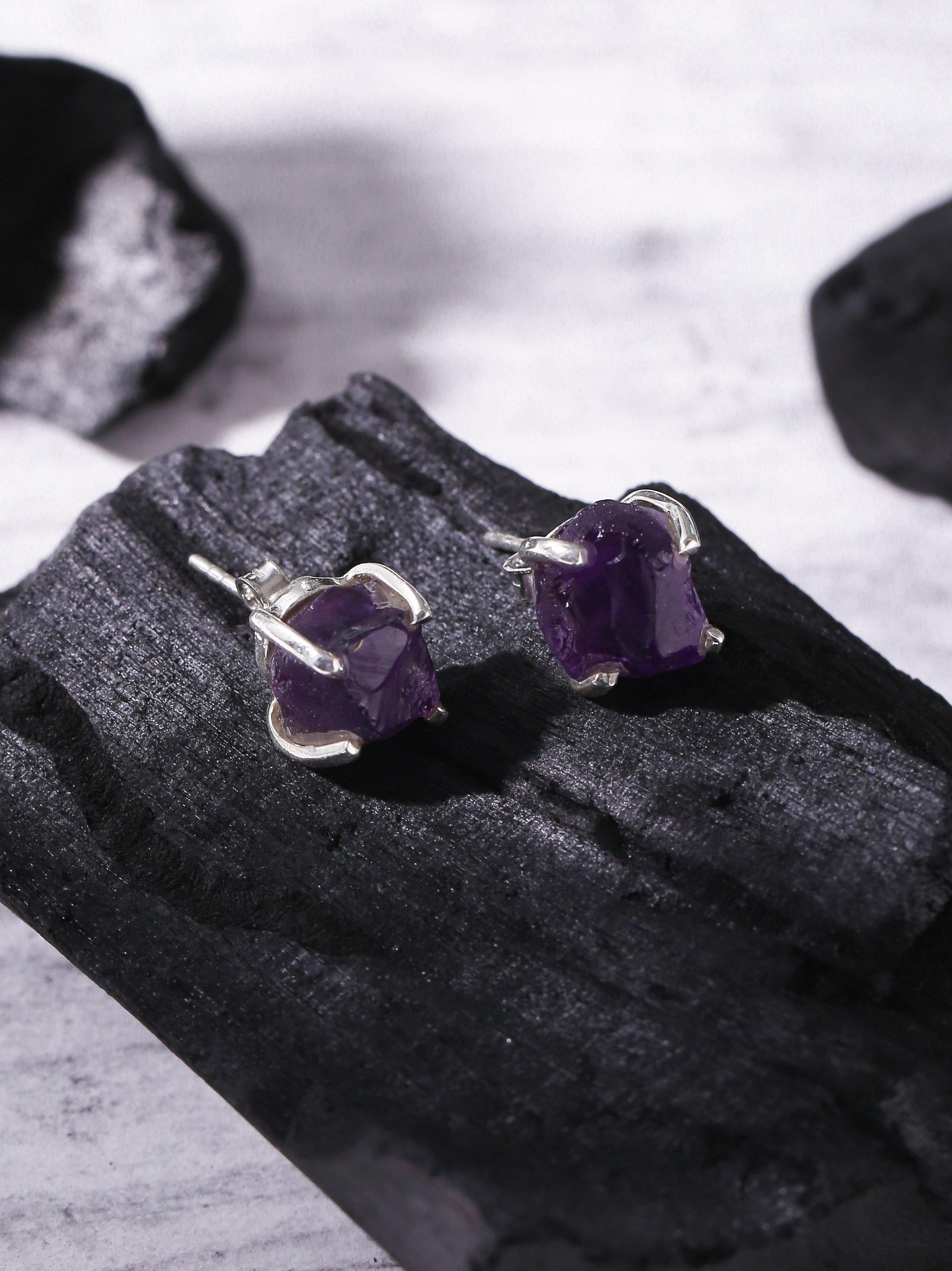 Rough Amethyst Solid 925 Sterling Silver Stud Earrings - YoTreasure